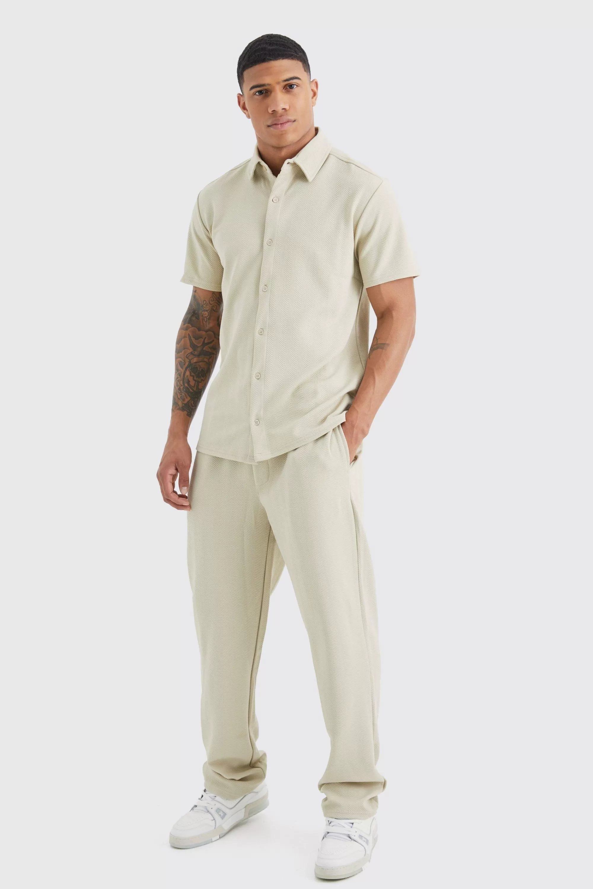 boohooMAN Short Sleeve Jersey Herringbone Shirt And Trouser Set | UK
