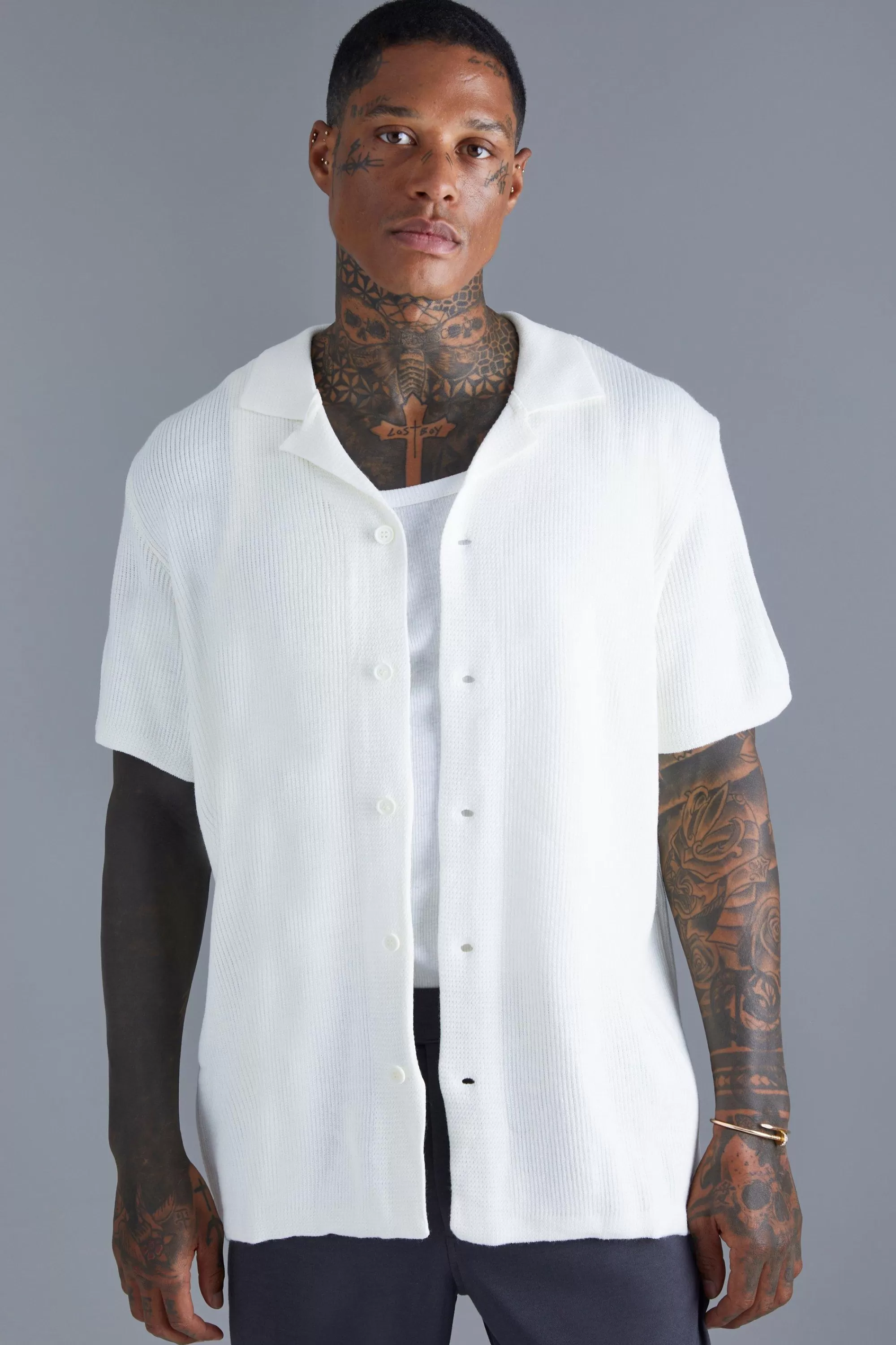 boohooMAN Short Sleeve Knitted Pleated Revere Shirt | UK