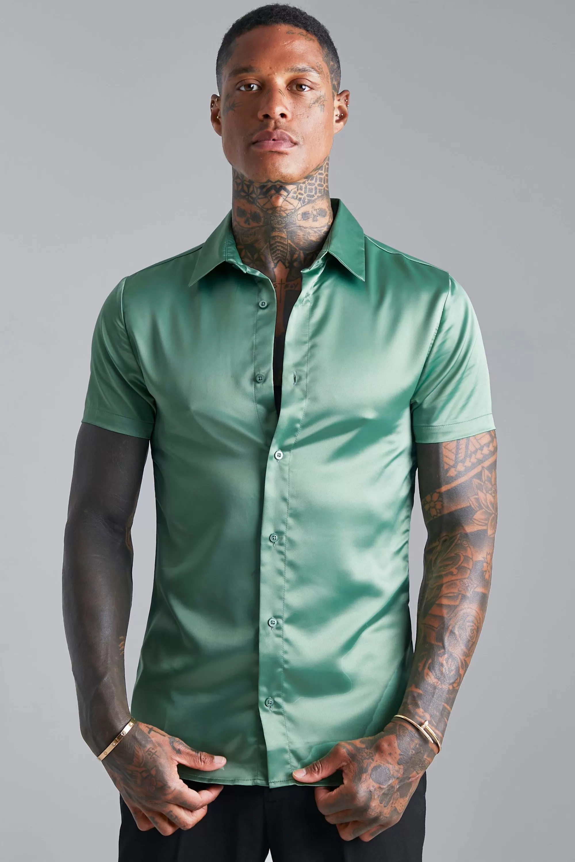 boohooMAN Short Sleeve Muscle Fit Satin Shirt | UK
