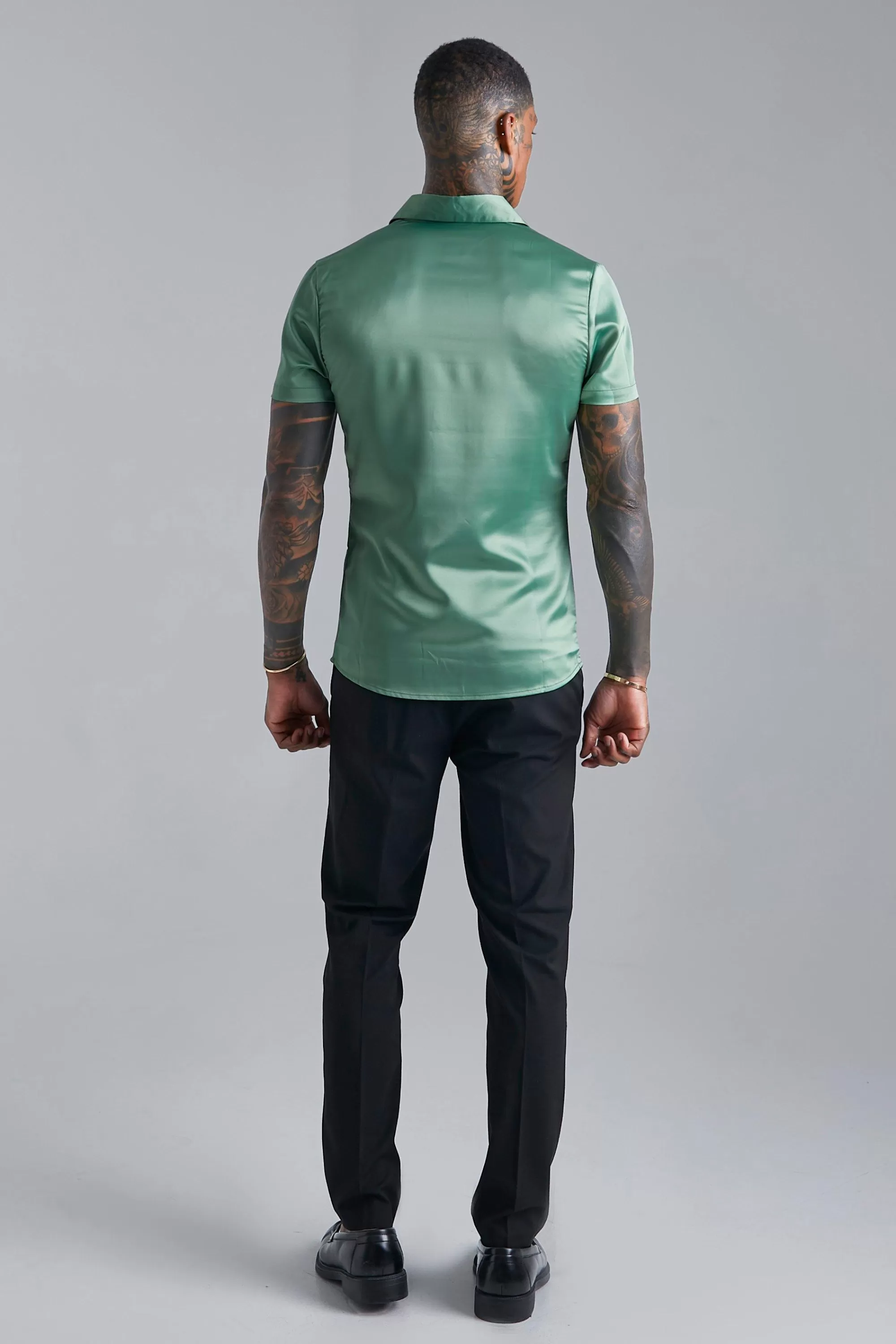 boohooMAN Short Sleeve Muscle Fit Satin Shirt | UK