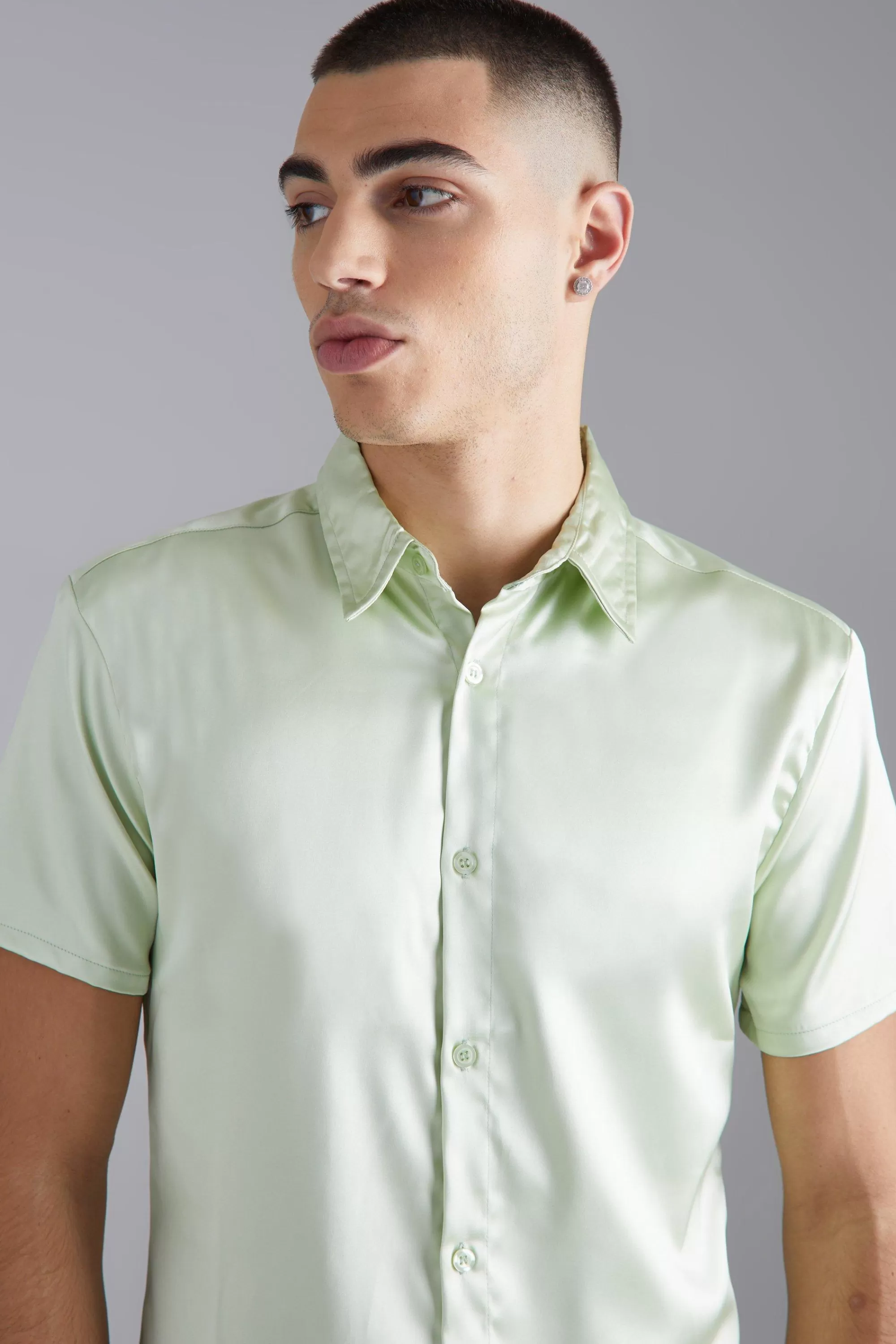 boohooMAN Short Sleeve Muscle Fit Stretch Satin Shirt | UK