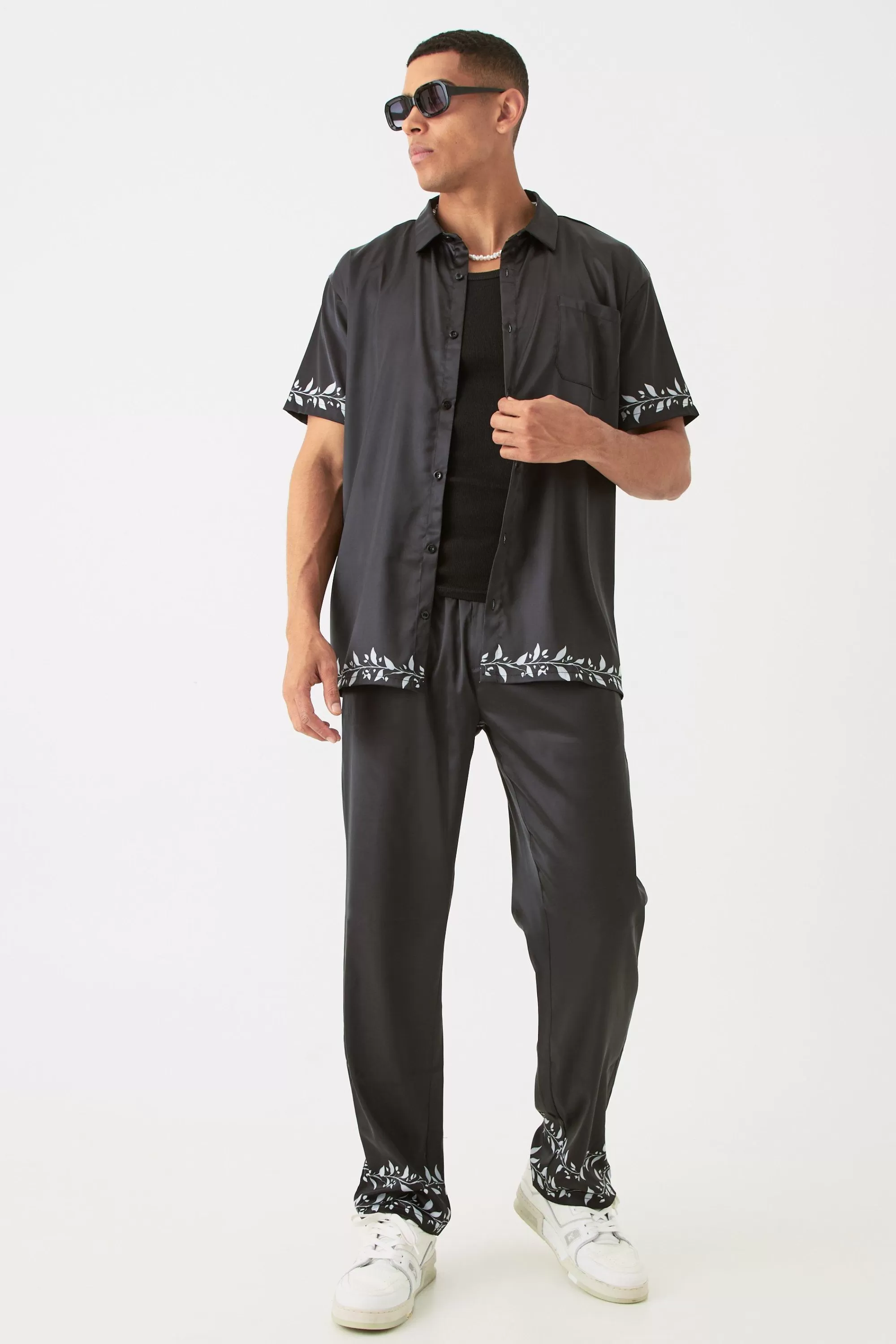 boohooMAN Short Sleeve Oversized Back Print Satin Shirt | UK