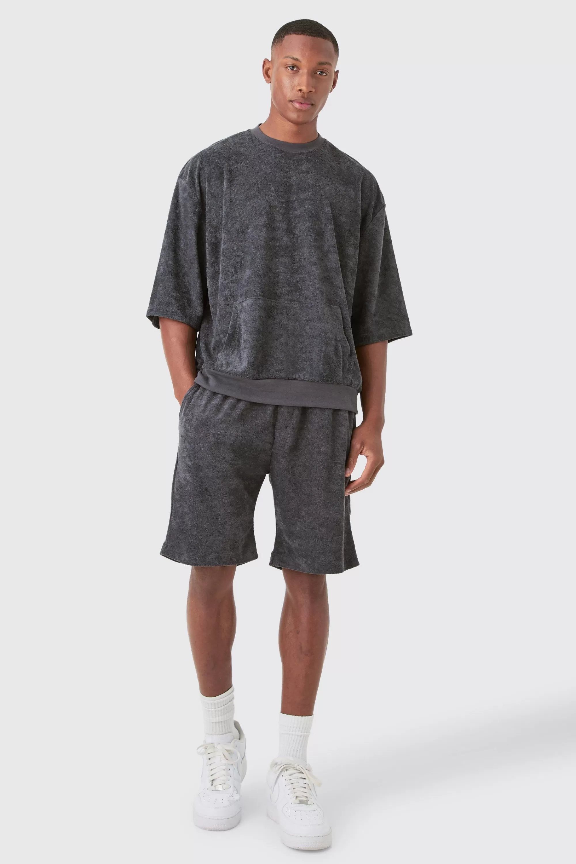 boohooMAN Short Sleeve Oversized Boxy Towelling Sweat Short Tracksuit | UK