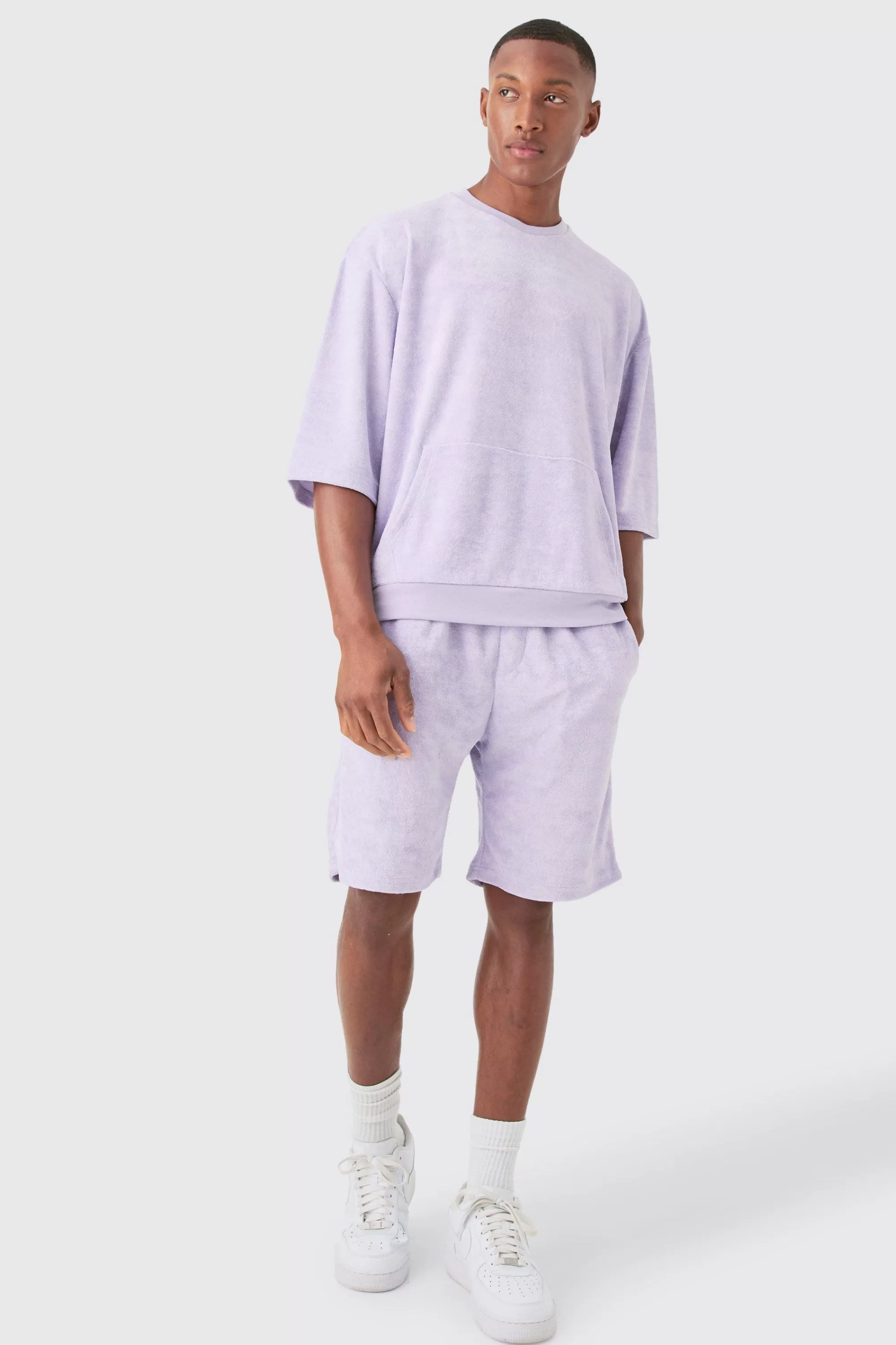 boohooMAN Short Sleeve Oversized Boxy Towelling Sweat Short Tracksuit | UK