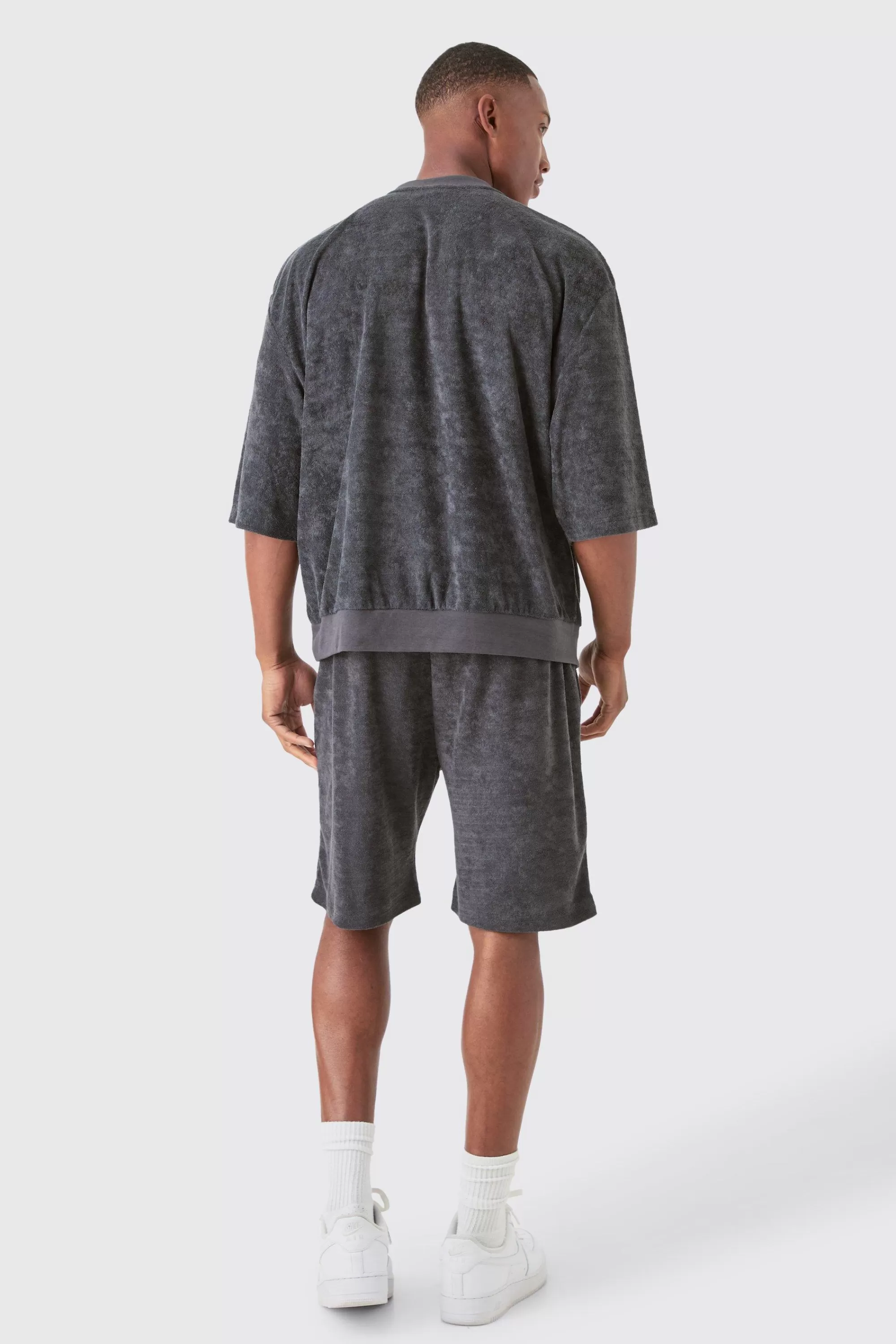 boohooMAN Short Sleeve Oversized Boxy Towelling Sweat Short Tracksuit | UK
