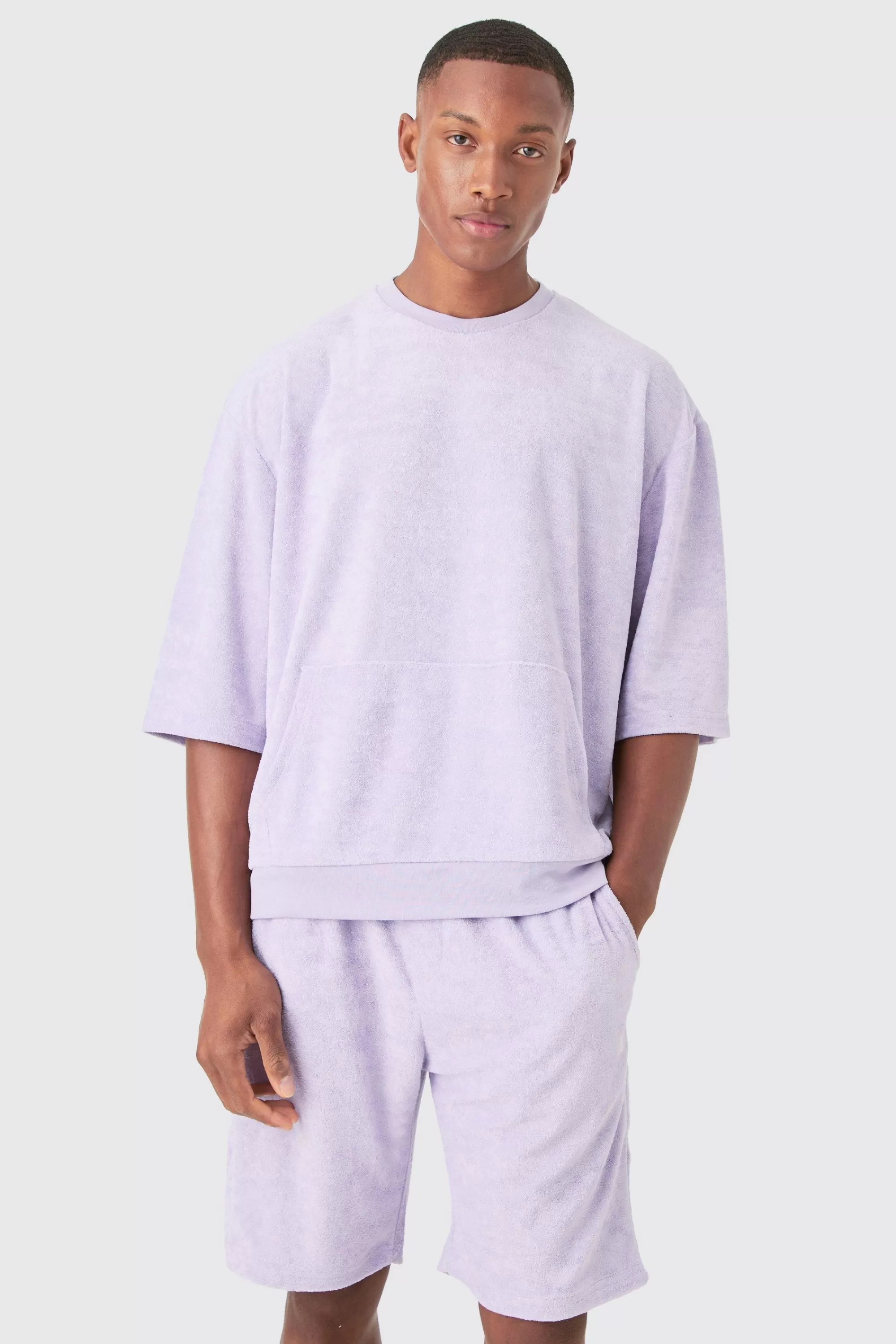 boohooMAN Short Sleeve Oversized Boxy Towelling Sweat Short Tracksuit | UK