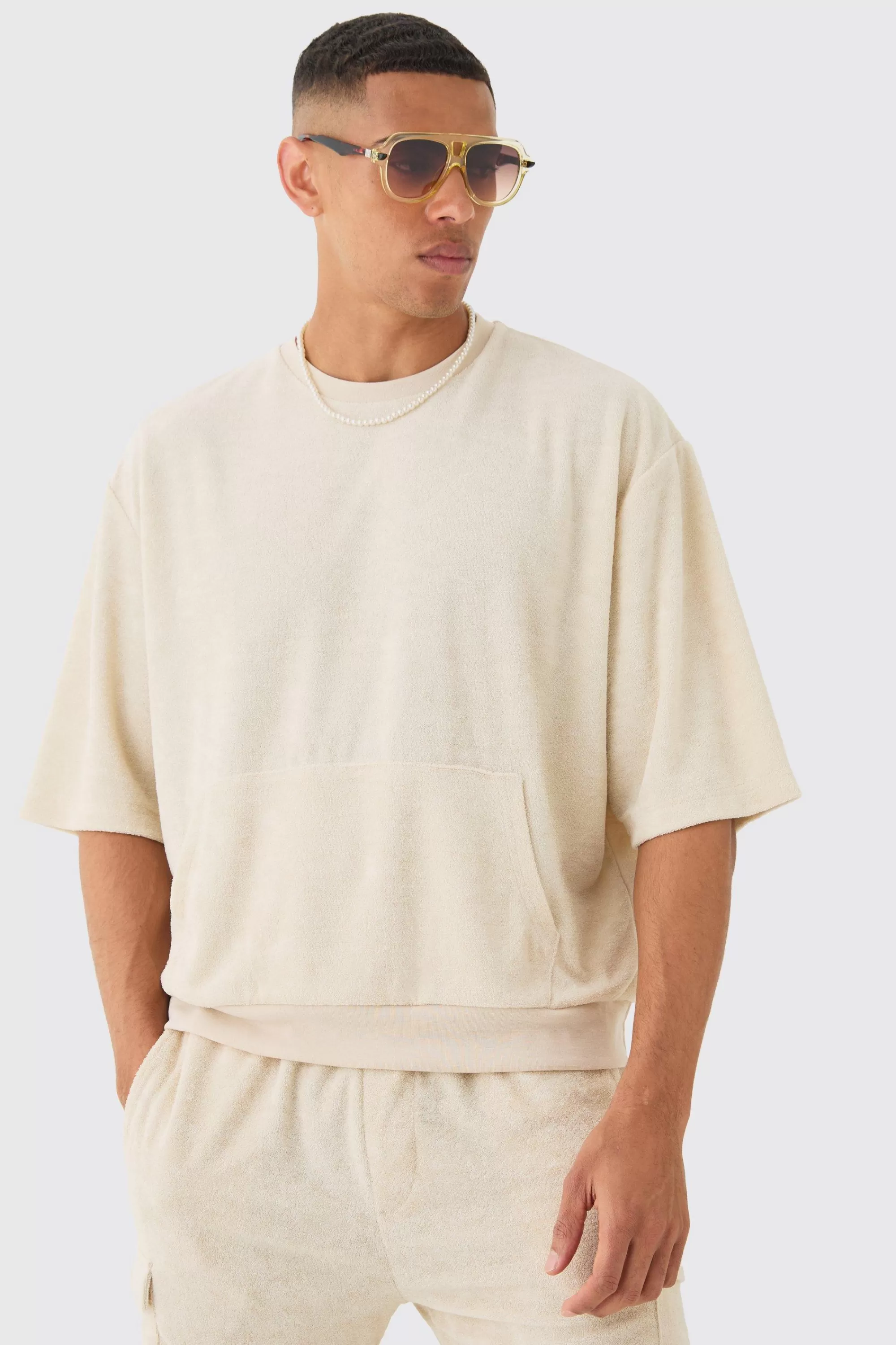 boohooMAN Short Sleeve Oversized Boxy Towelling Sweatshirt | UK
