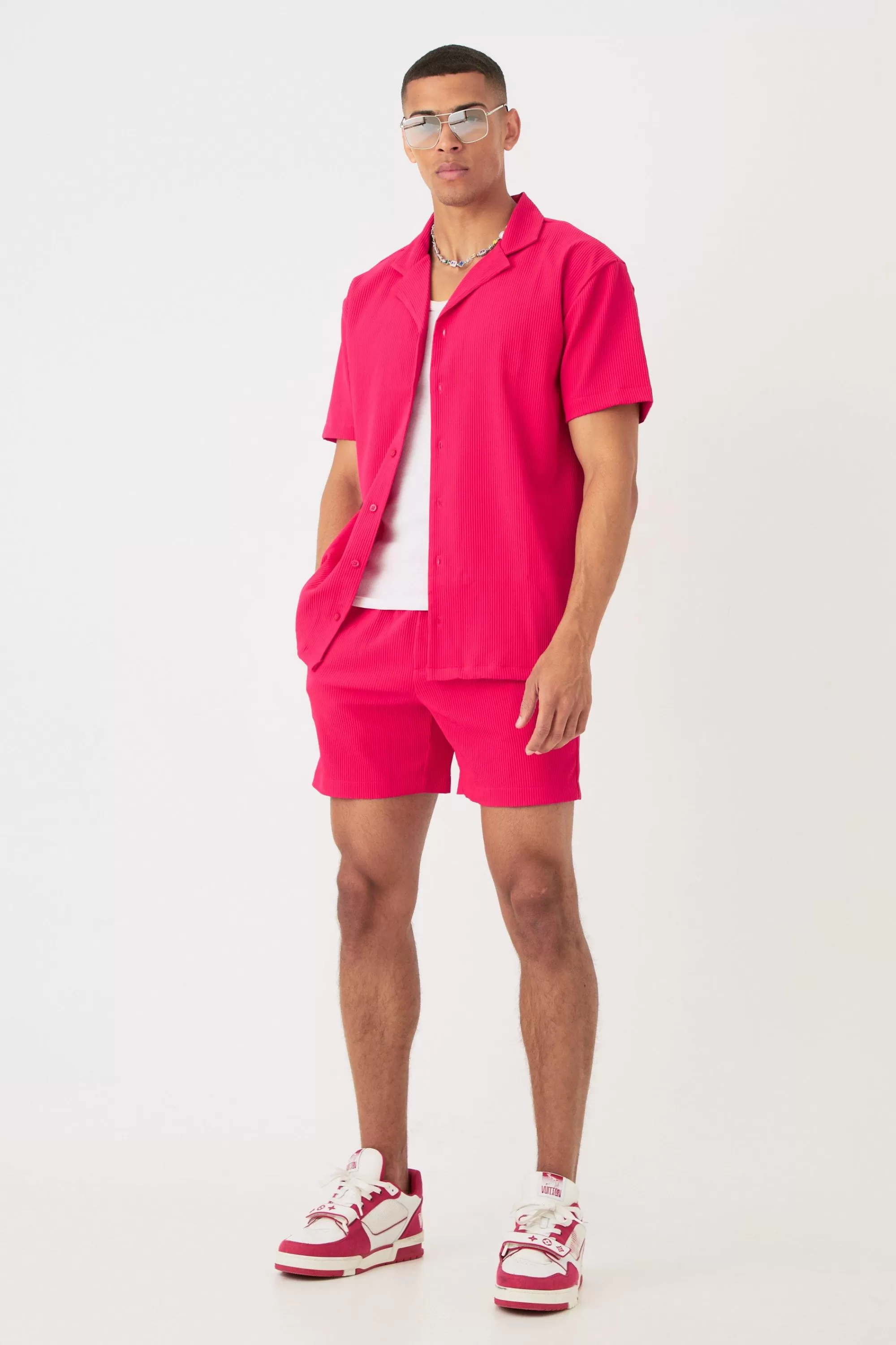 boohooMAN Short Sleeve Oversized Lightweight Pleat Shirt & Short Set | UK