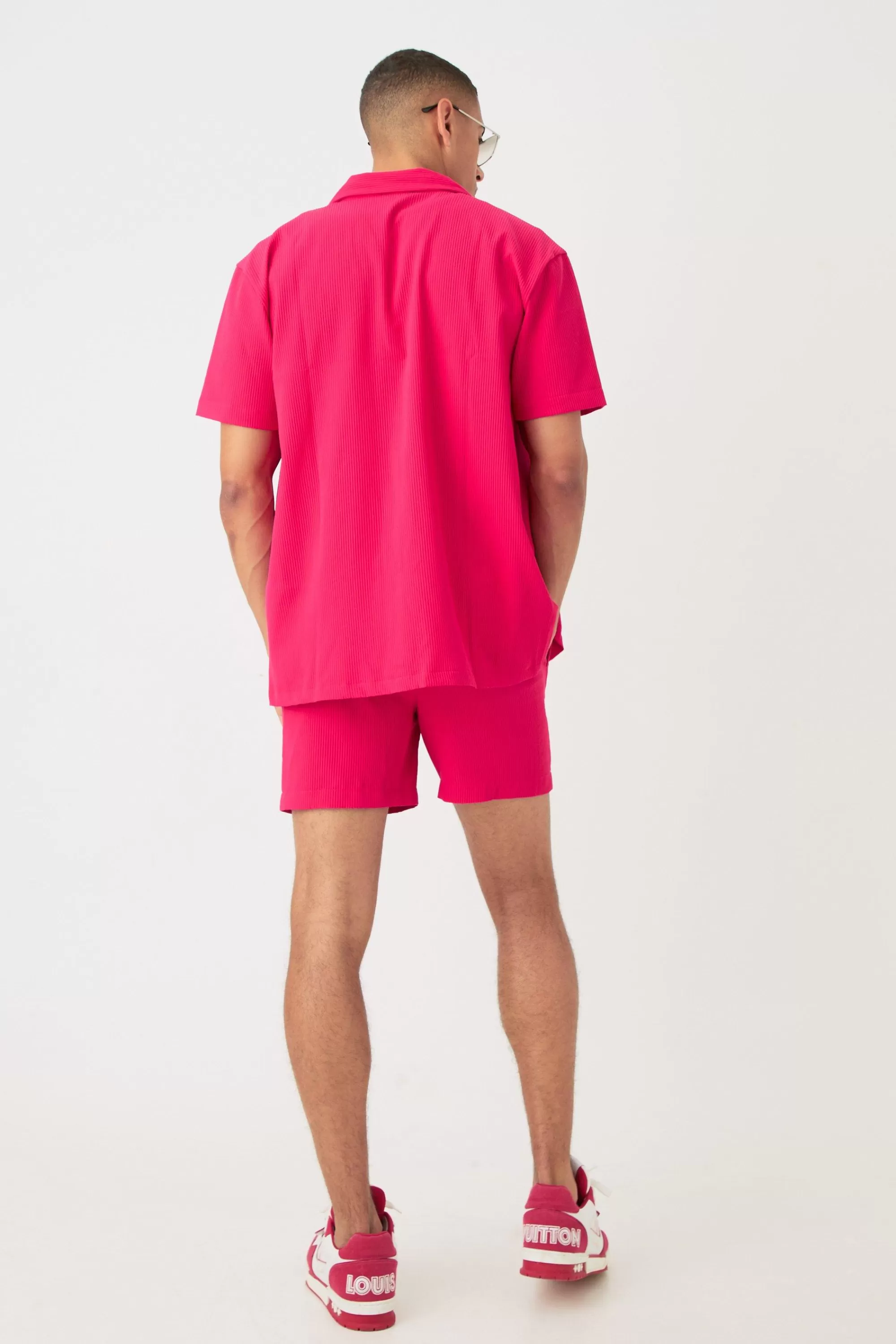 boohooMAN Short Sleeve Oversized Lightweight Pleat Shirt & Short Set | UK