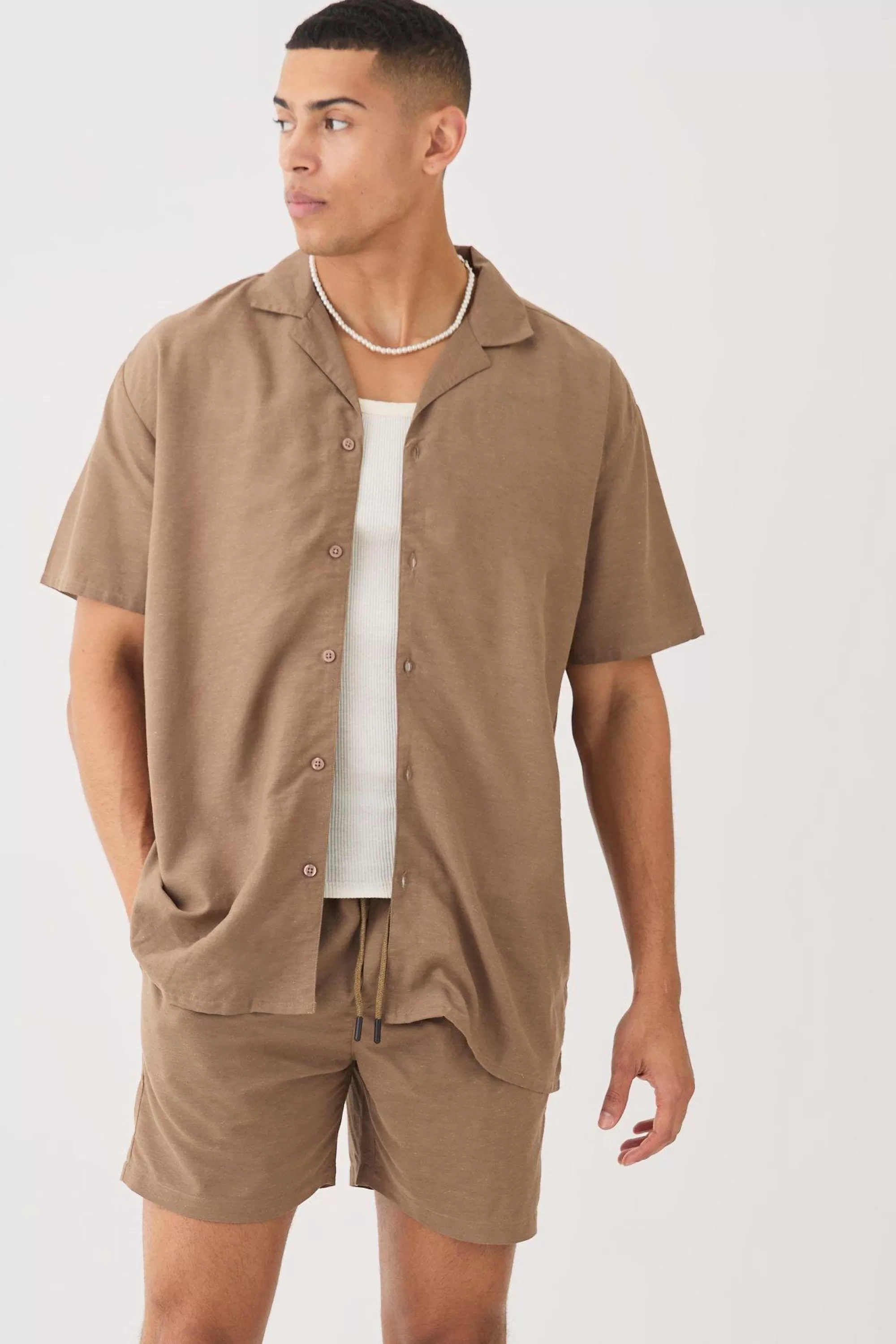 boohooMAN Short Sleeve Oversized Linen Shirt & Short Set | UK