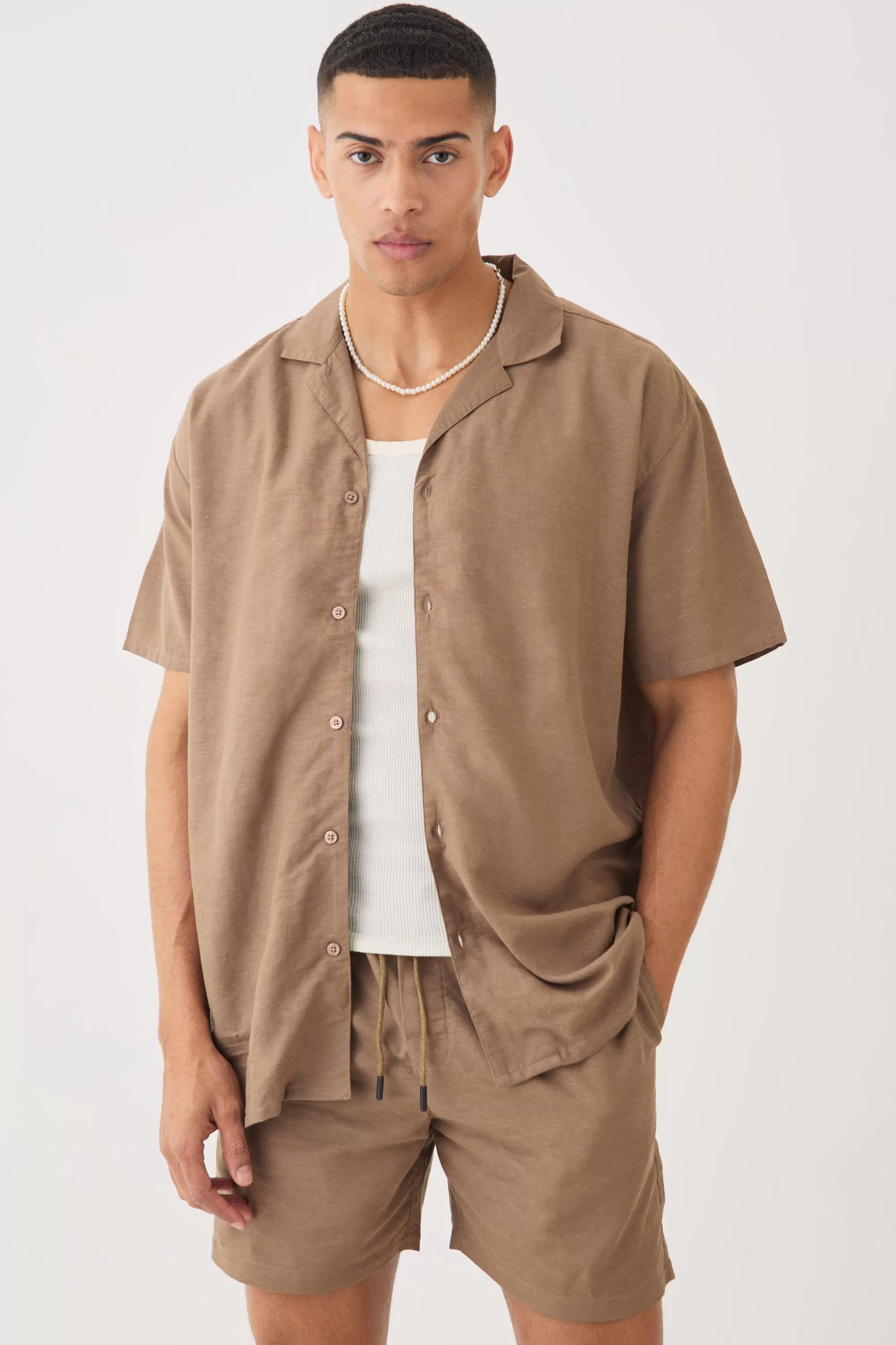 boohooMAN Short Sleeve Oversized Linen Shirt & Short Set | UK