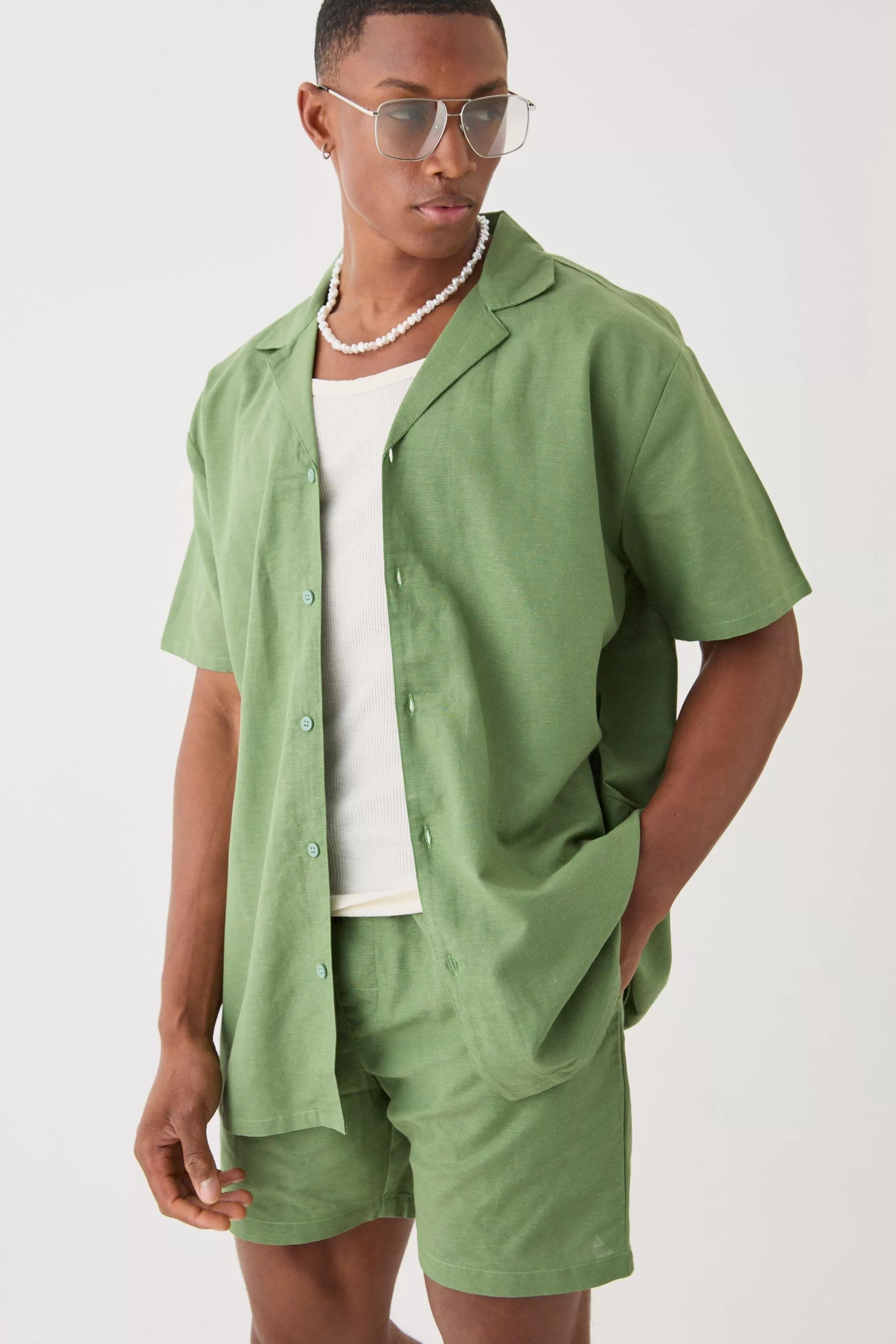 boohooMAN Short Sleeve Oversized Linen Shirt & Short Set | UK