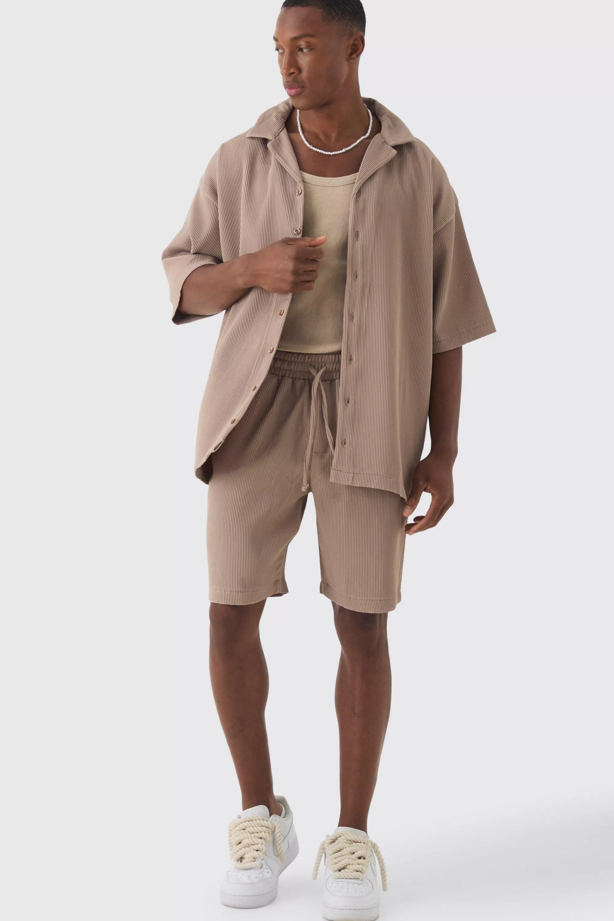 boohooMAN Short Sleeve Oversized Pleated Shirt & Short Set | UK