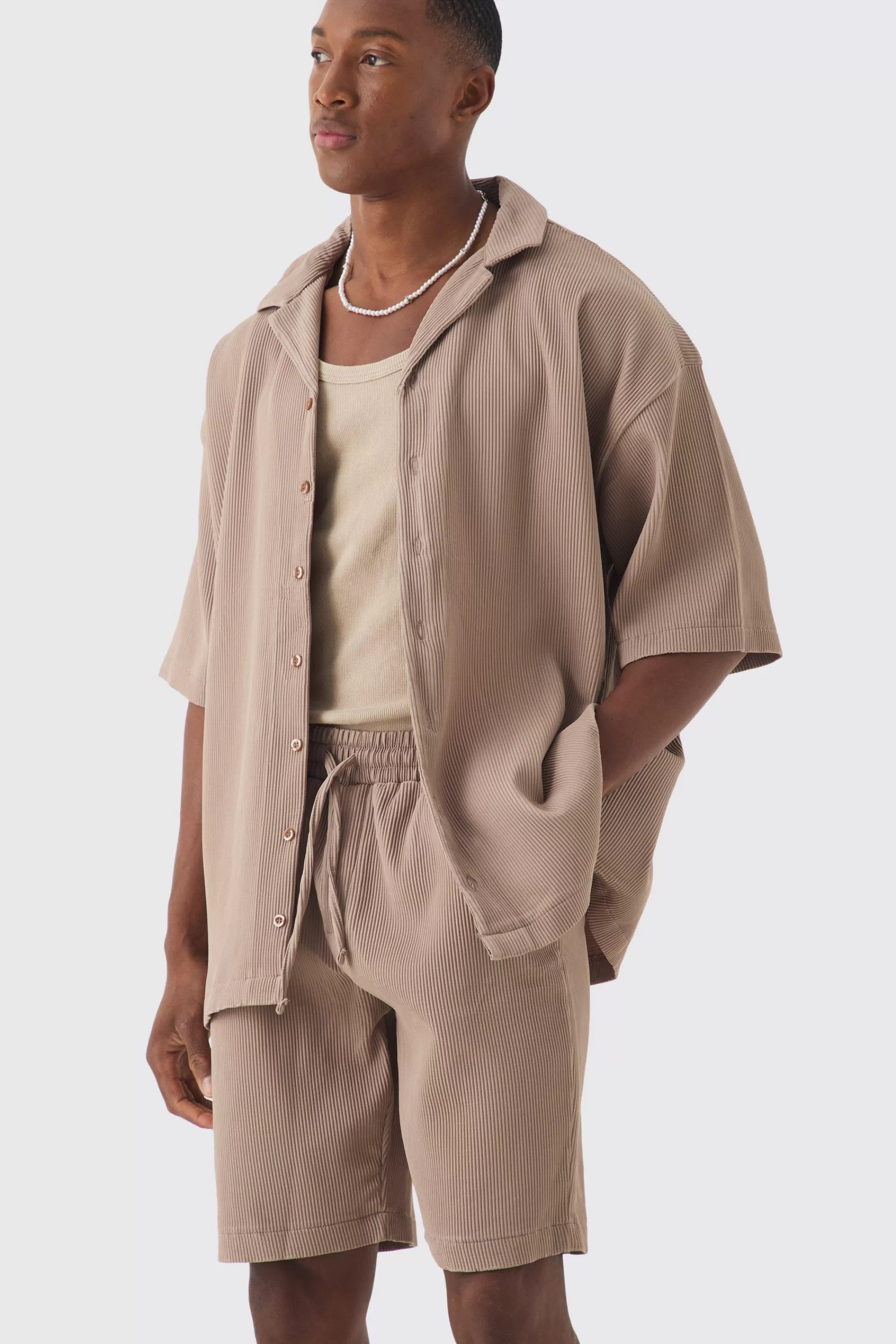 boohooMAN Short Sleeve Oversized Pleated Shirt & Short Set | UK