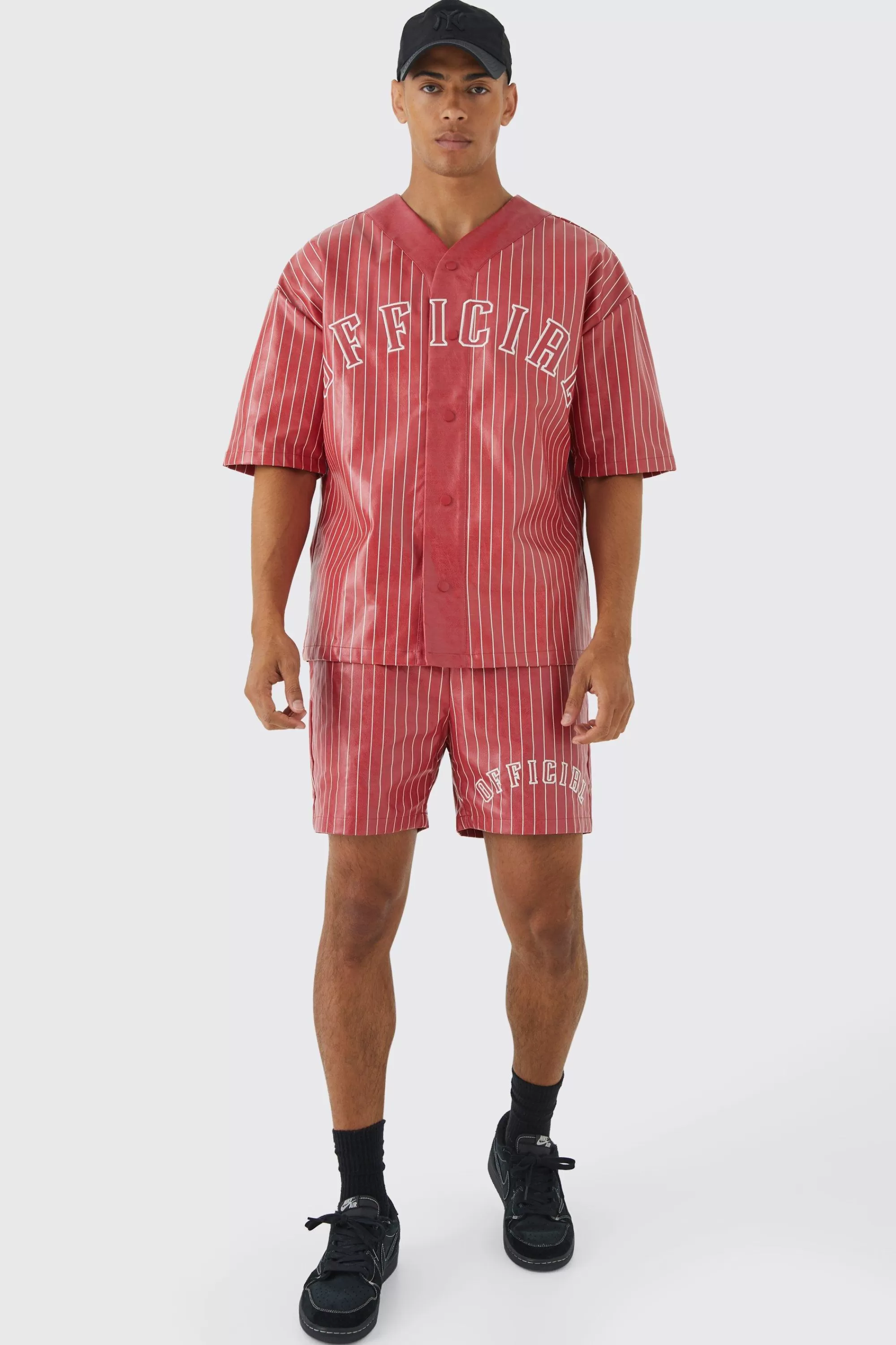 boohooMAN Short Sleeve Oversized Pu Baseball Shirt & Short Set | UK