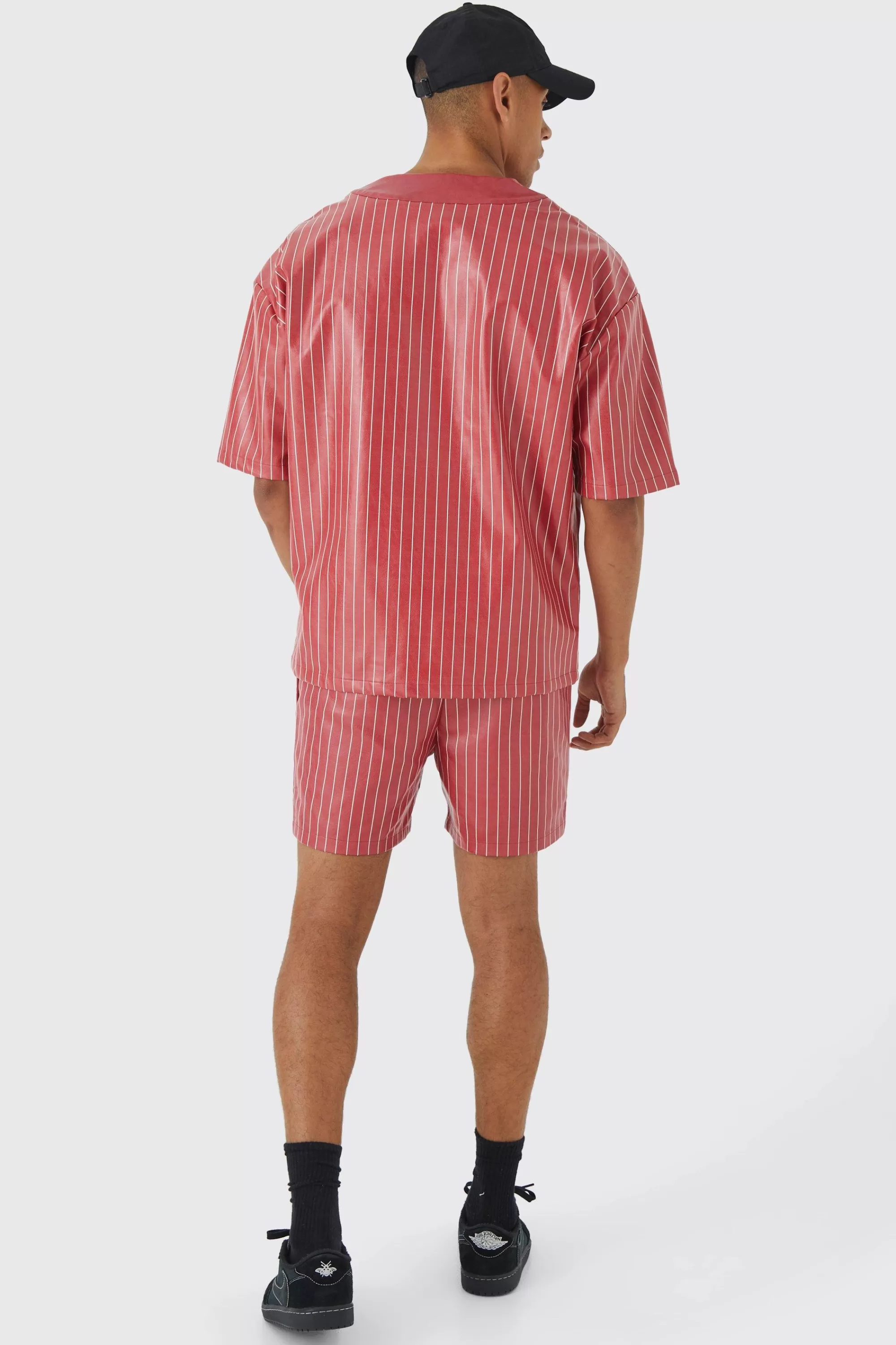 boohooMAN Short Sleeve Oversized Pu Baseball Shirt & Short Set | UK
