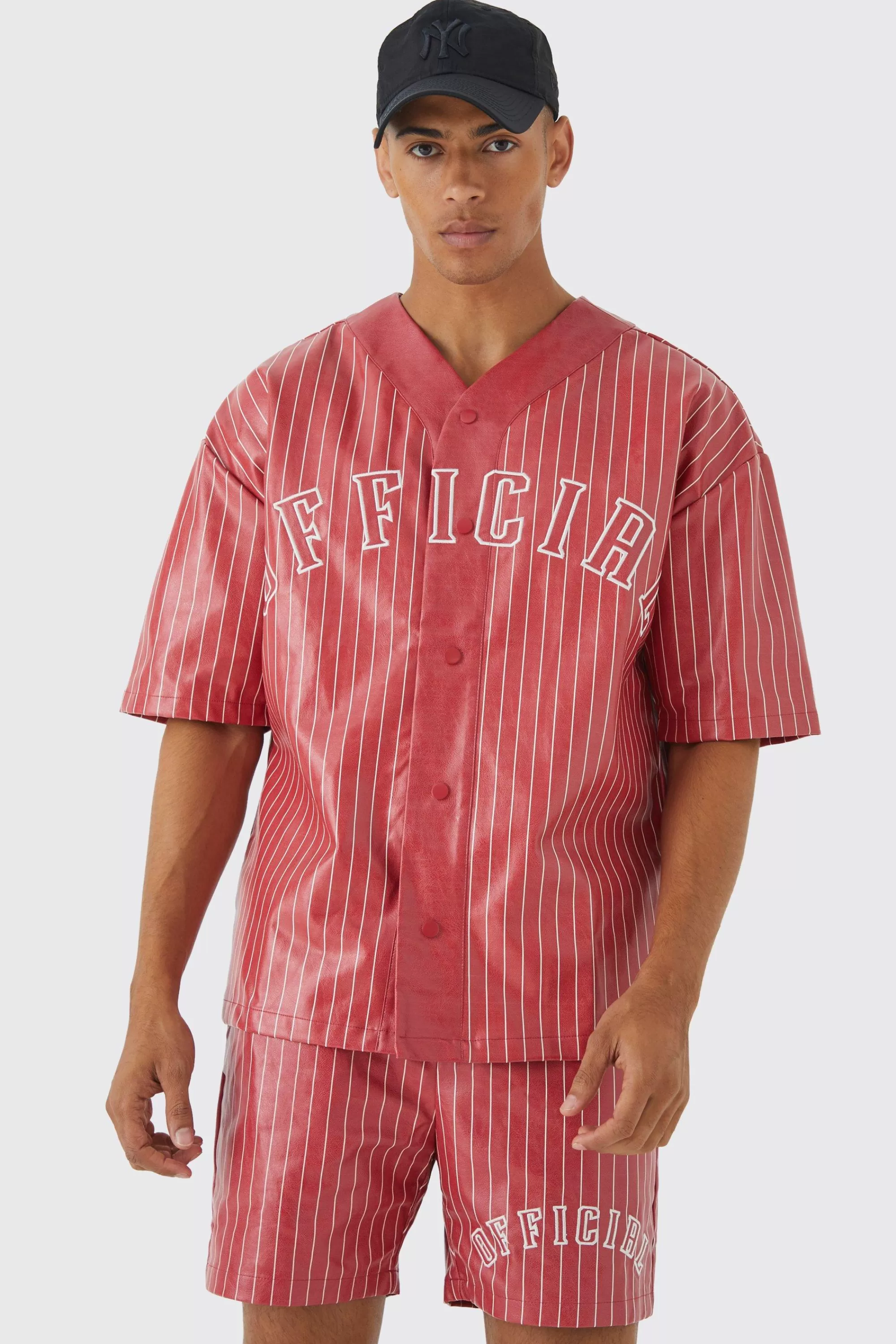 boohooMAN Short Sleeve Oversized Pu Baseball Shirt & Short Set | UK
