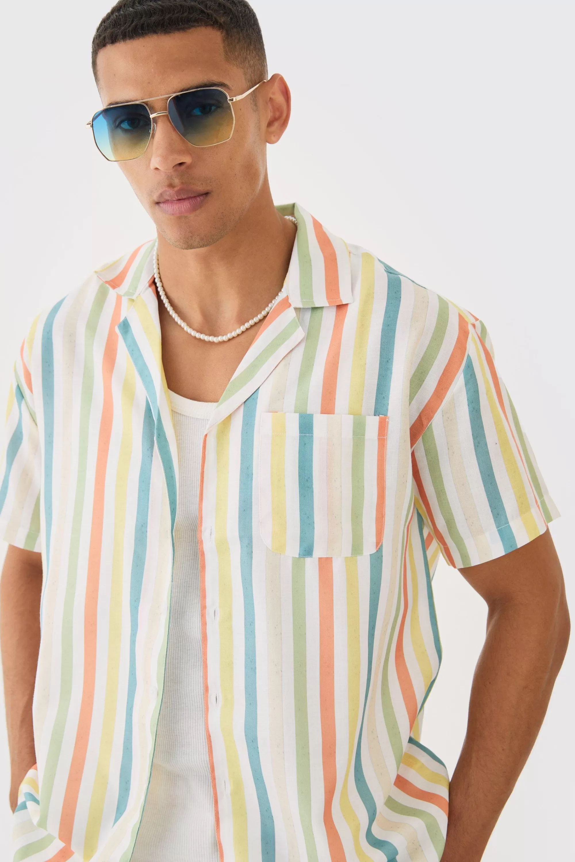 boohooMAN Short Sleeve Oversized Revere Stripe Shirt | UK