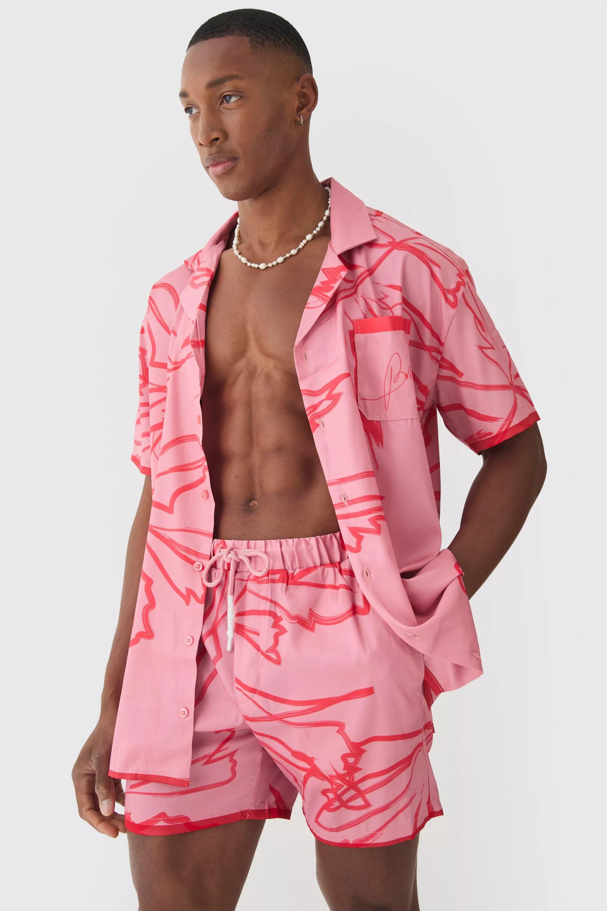 boohooMAN Short Sleeve Oversized Satin Tonal Palm Shirt & Short Set | UK