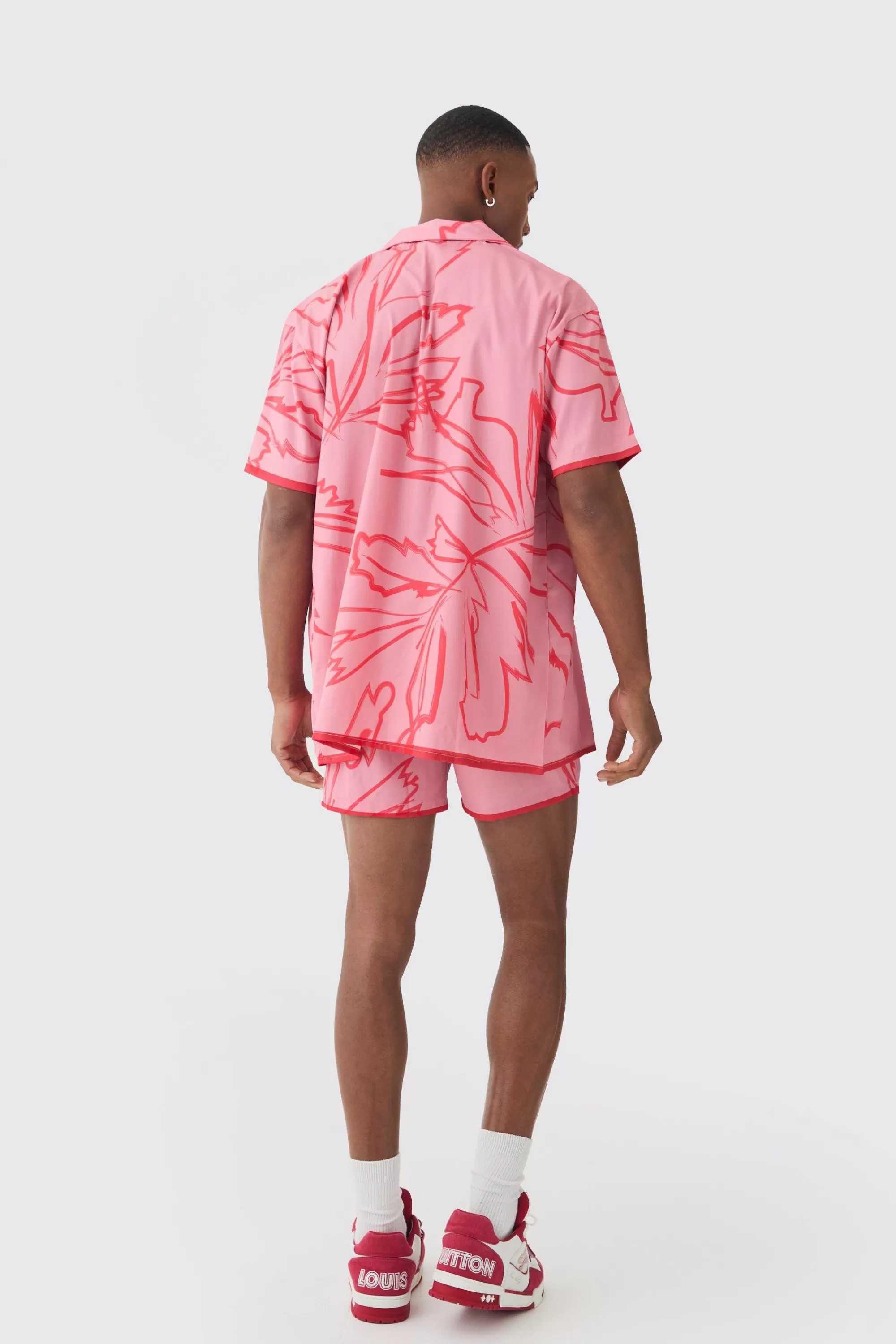 boohooMAN Short Sleeve Oversized Satin Tonal Palm Shirt & Short Set | UK