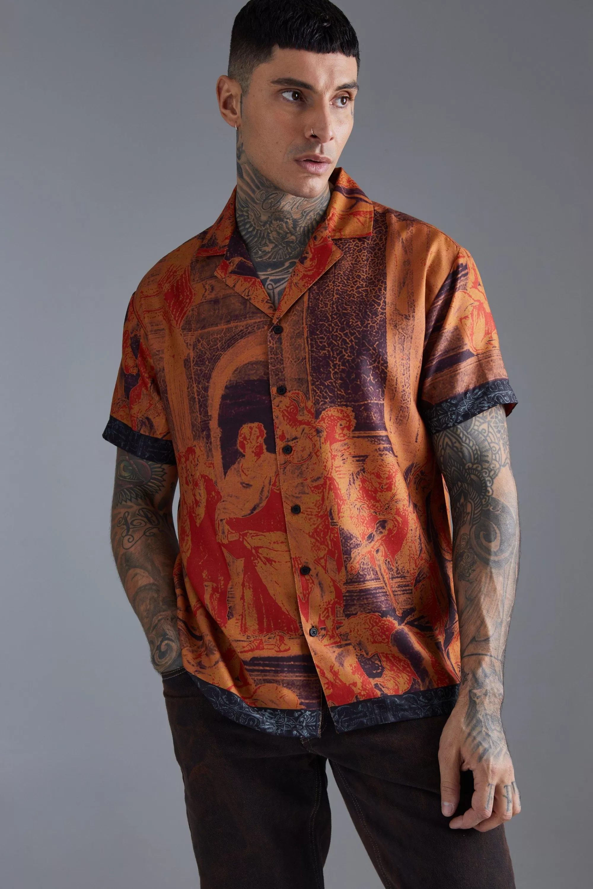 boohooMAN Short Sleeve Oversized Slub Painting Shirt | UK