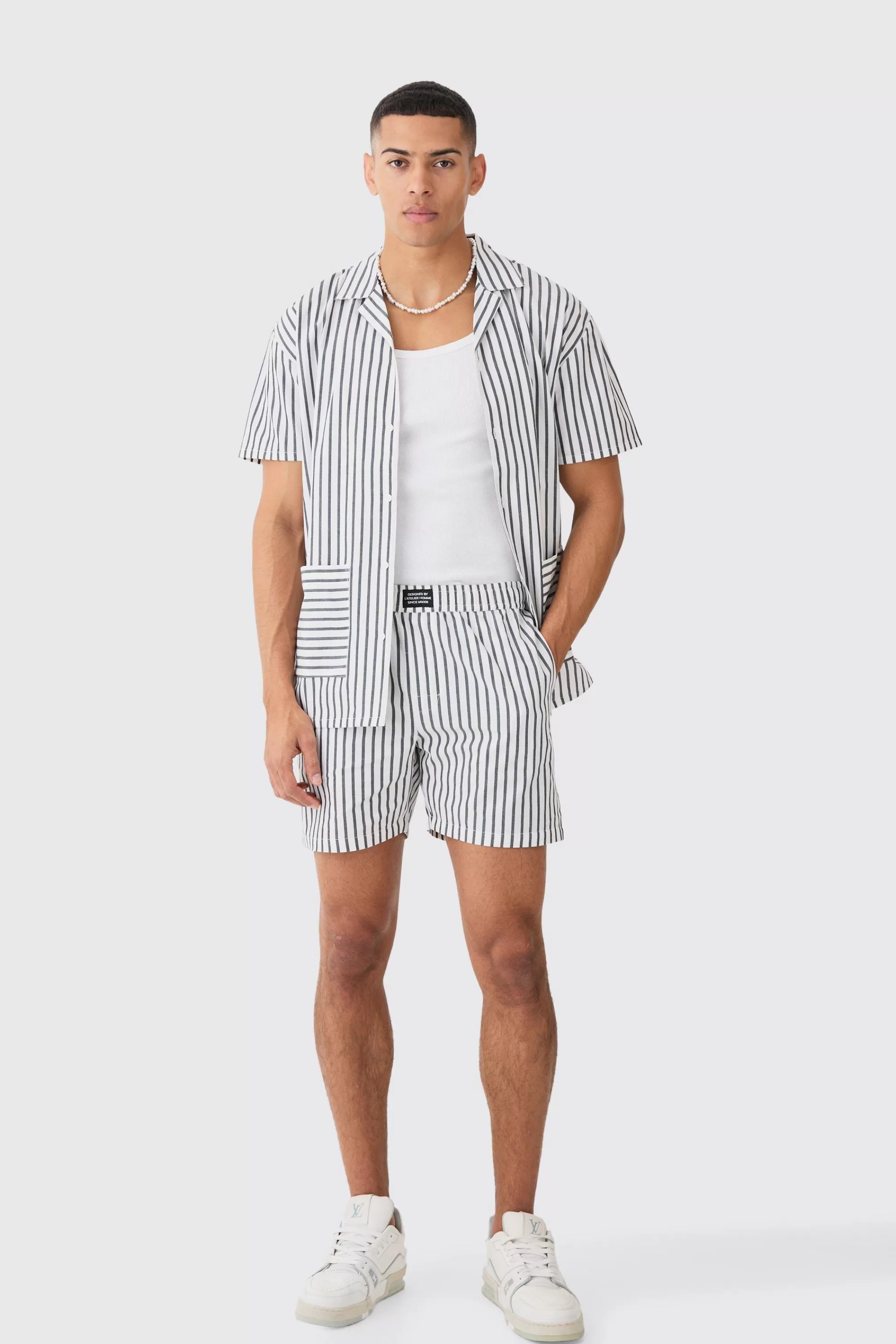 boohooMAN Short Sleeve Oversized Stripe Hem Pocket Shirt | UK
