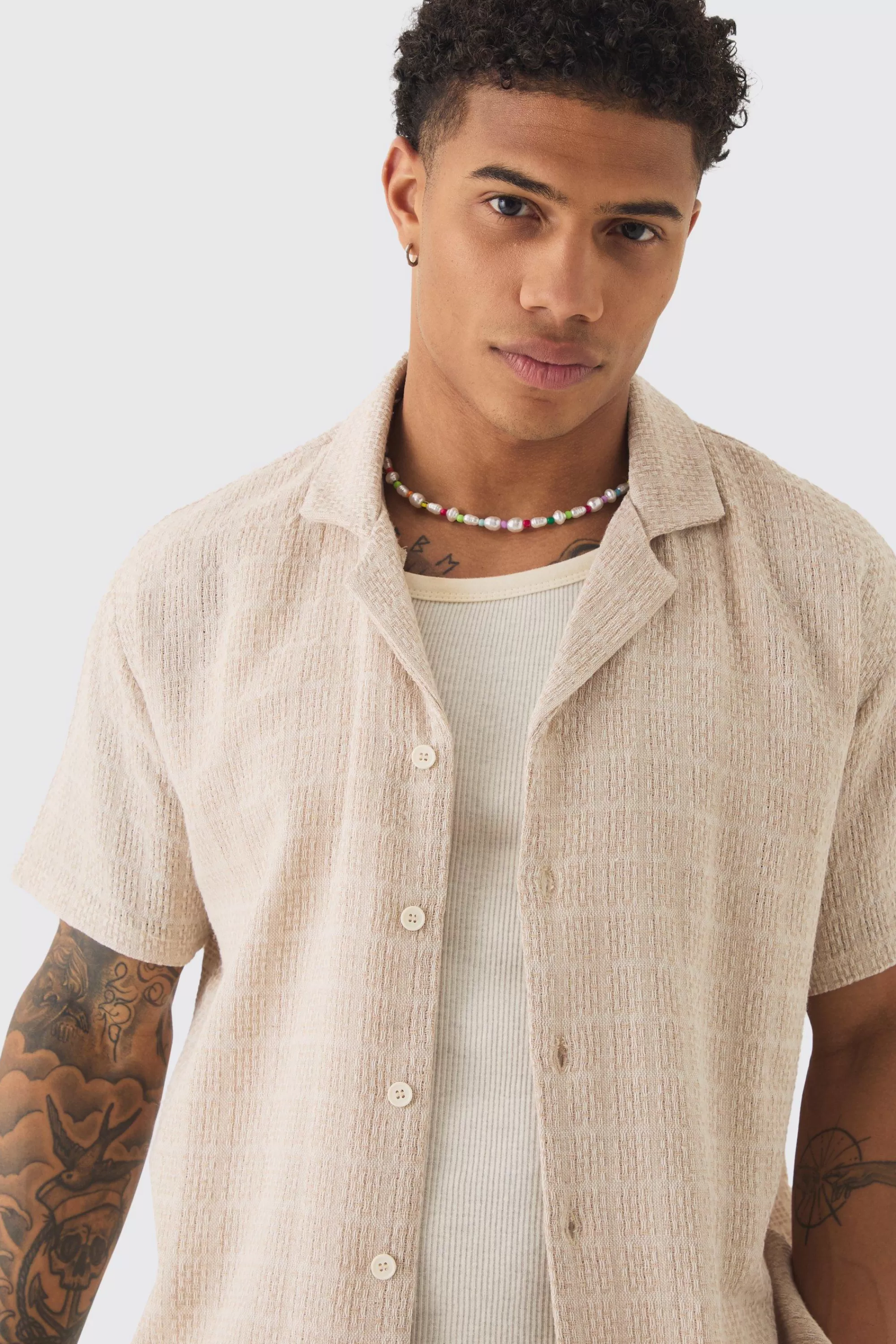 boohooMAN Short Sleeve Oversized Textured Check Shirt | UK