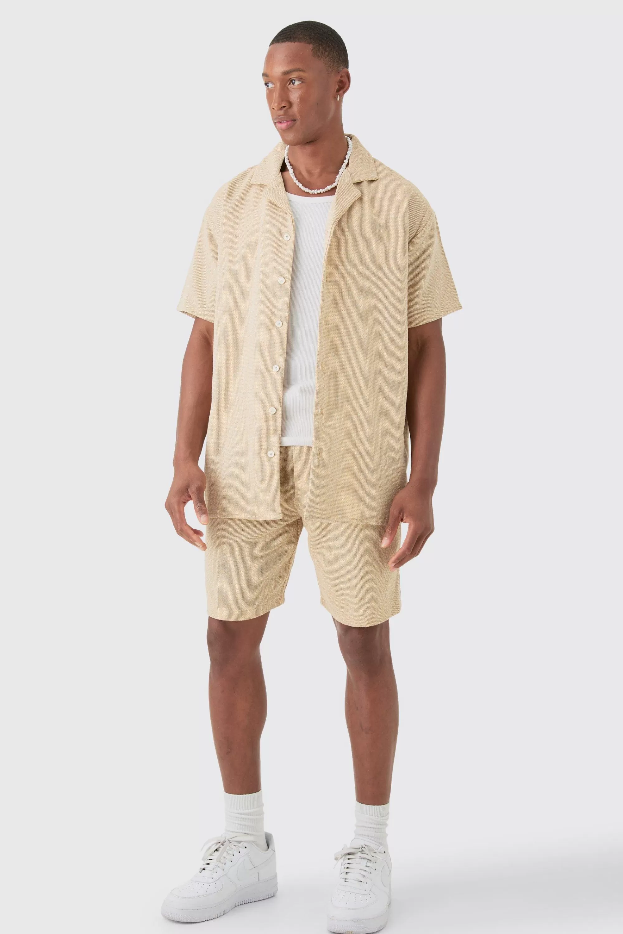 boohooMAN Short Sleeve Oversized Textured Shirt & Short | UK