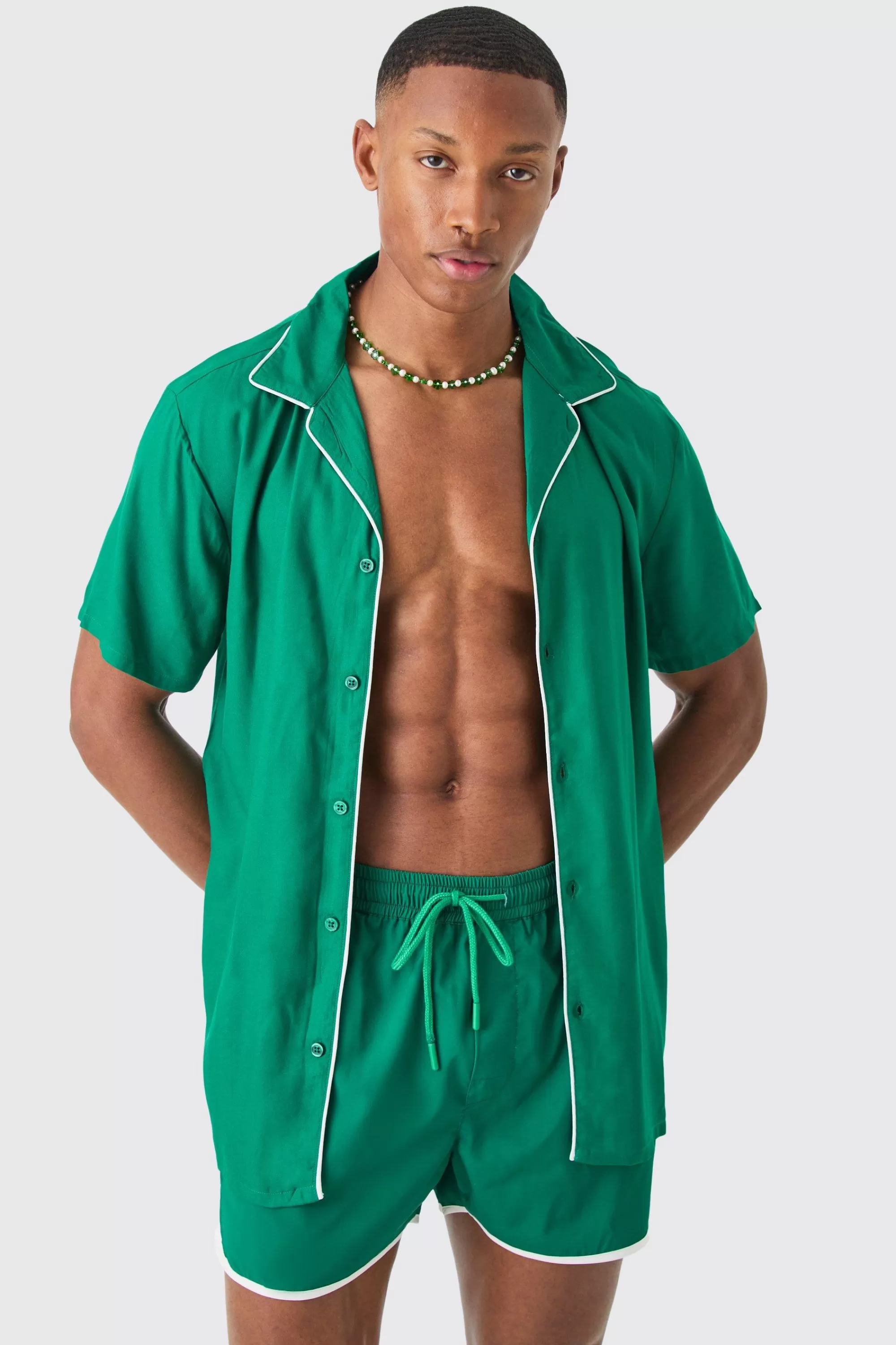 boohooMAN Short Sleeve Plain Piping Shirt & Swim Set | UK