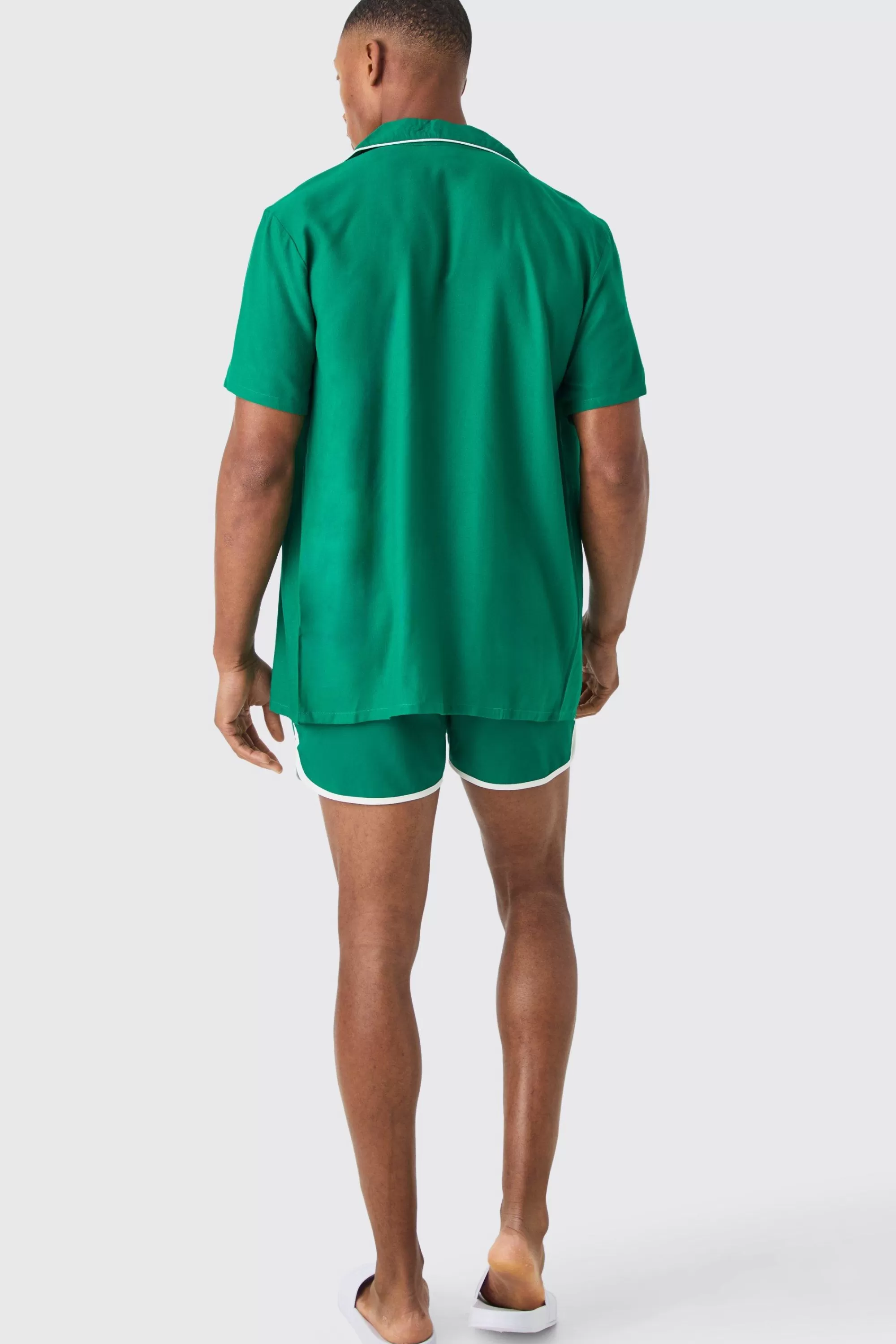 boohooMAN Short Sleeve Plain Piping Shirt & Swim Set | UK