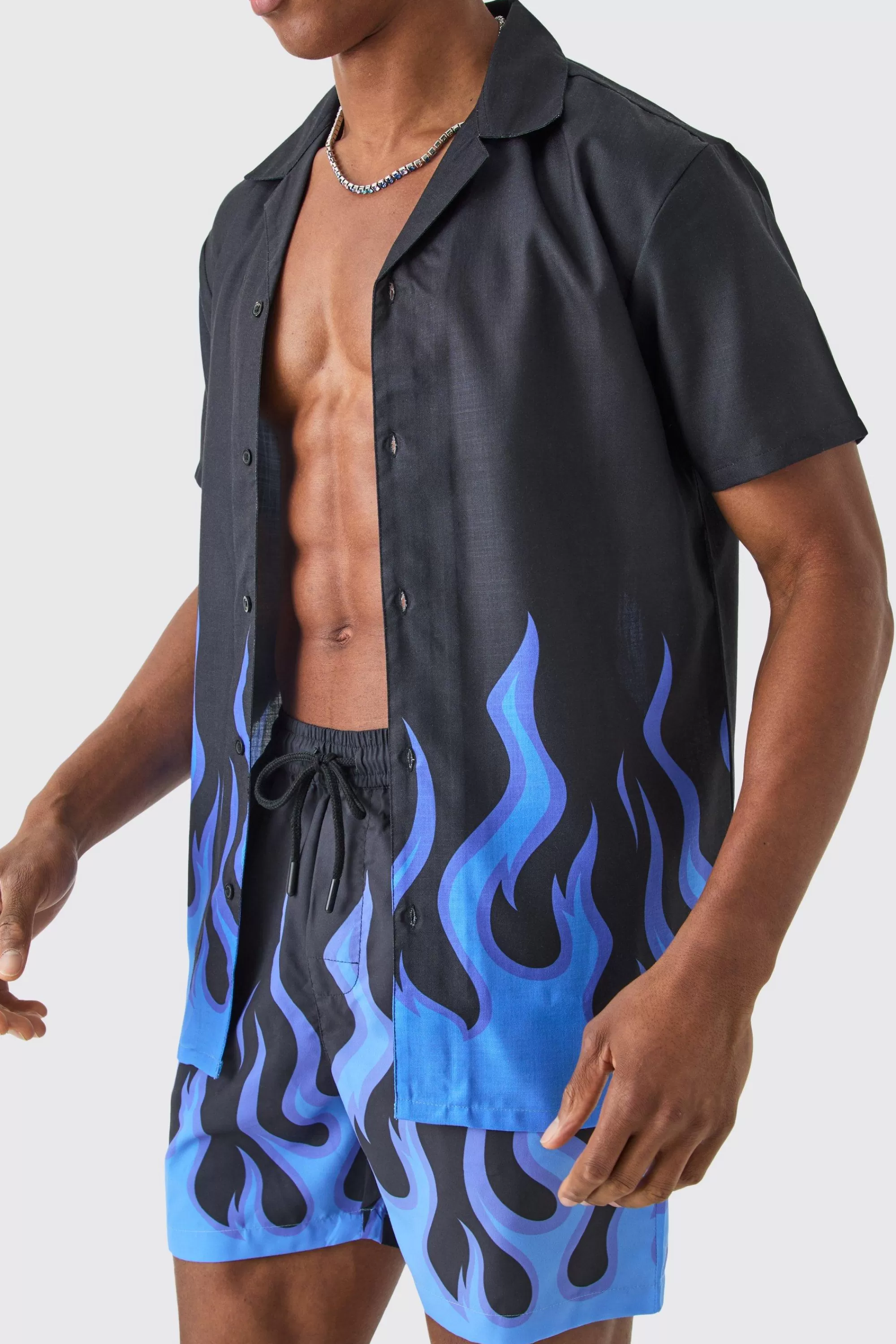 boohooMAN Short Sleeve Printed Flame Shirt & Swim Set | UK