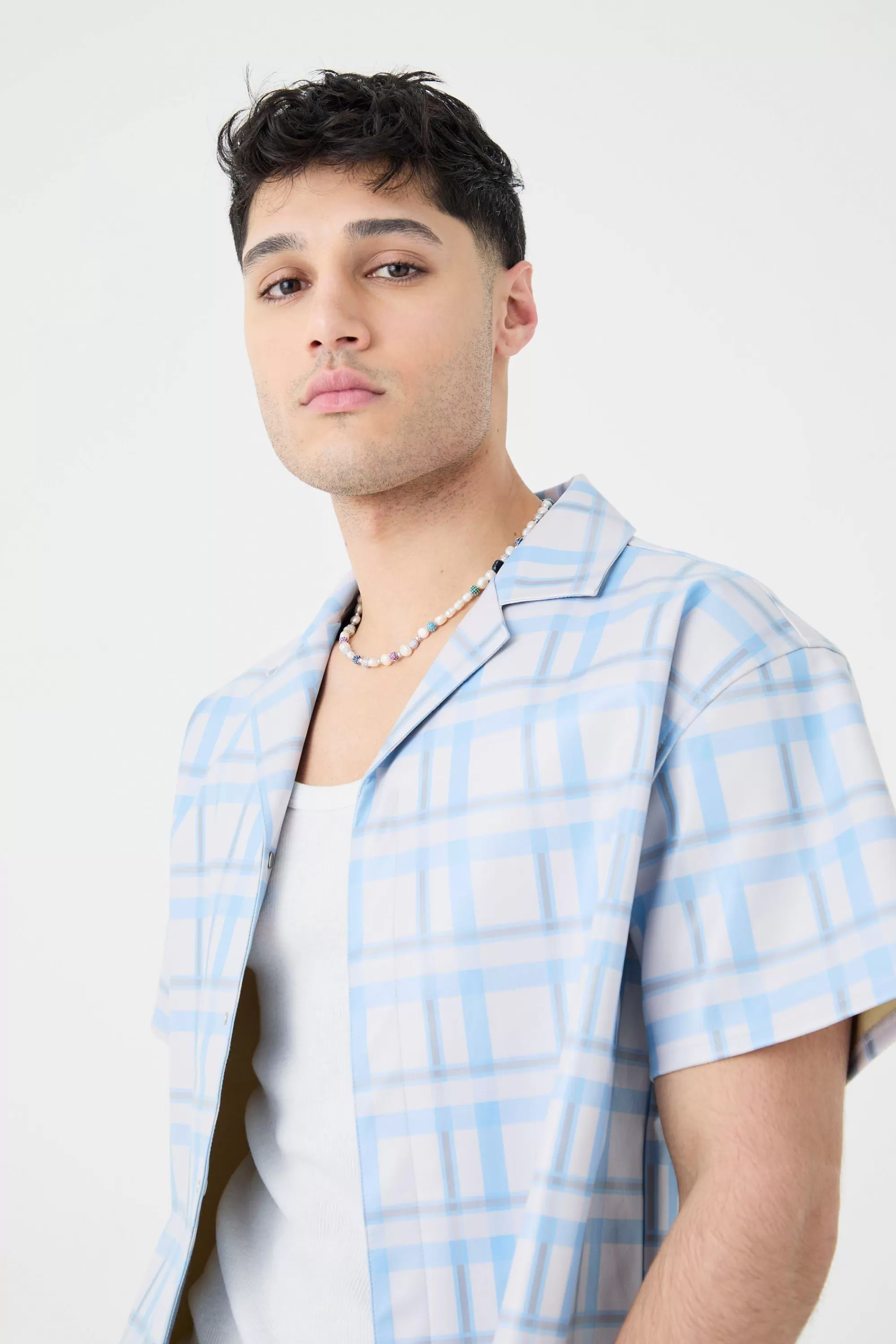 boohooMAN Short Sleeve Revere Boxy Check Pu Shirt | UK
