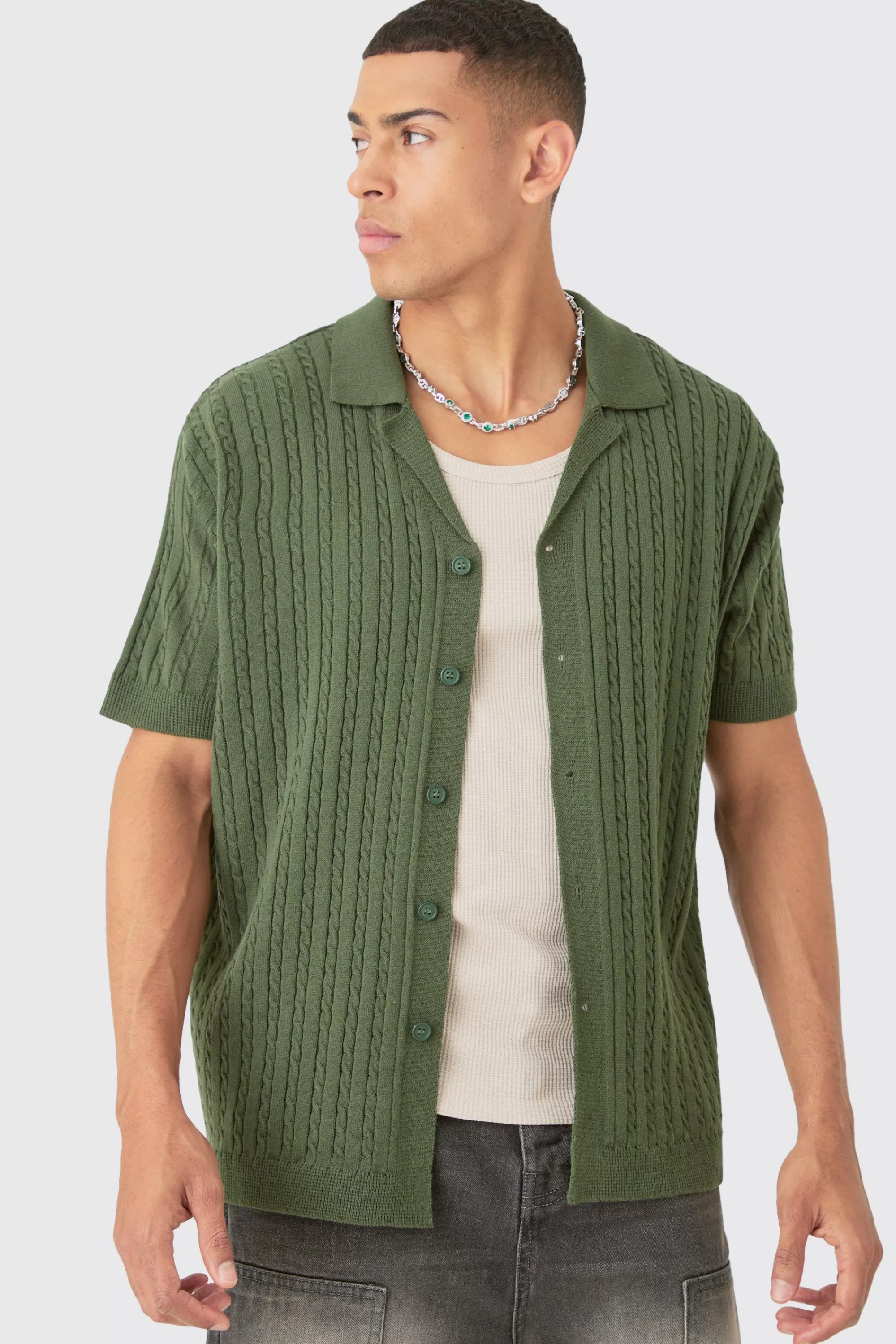 boohooMAN Short Sleeve Revere Cable Knit Shirt | UK