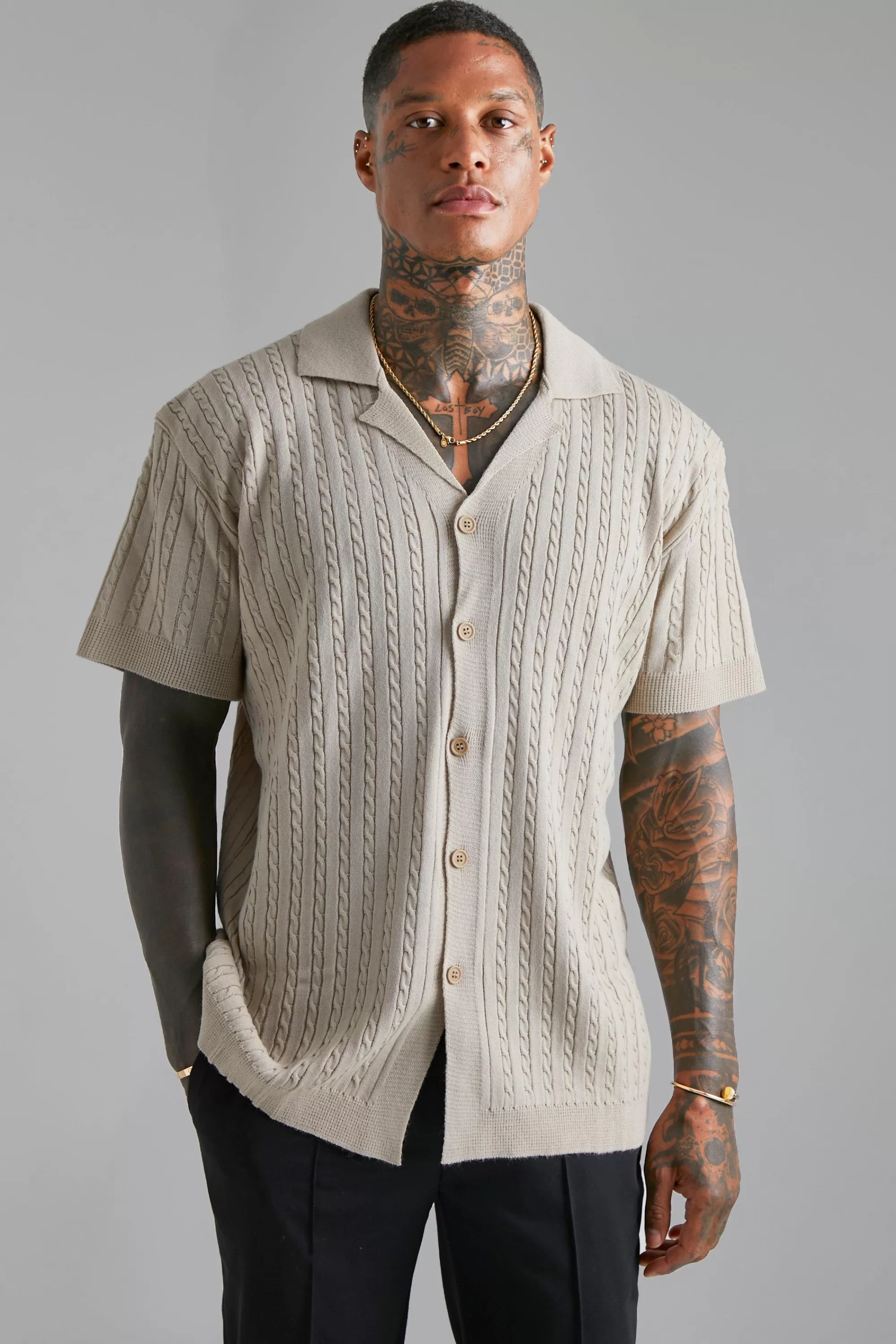 boohooMAN Short Sleeve Revere Cable Knit Shirt | UK