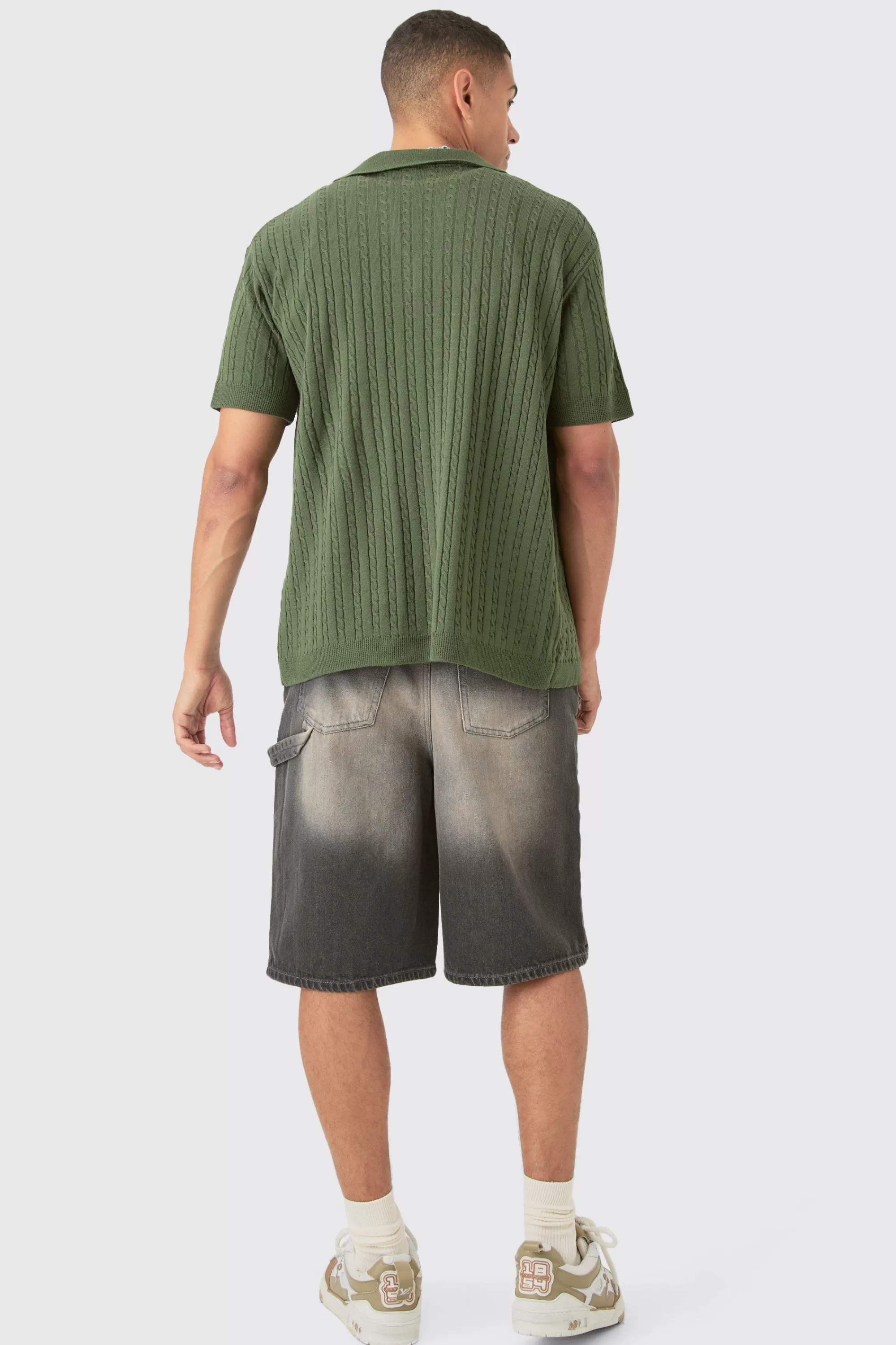 boohooMAN Short Sleeve Revere Cable Knit Shirt | UK