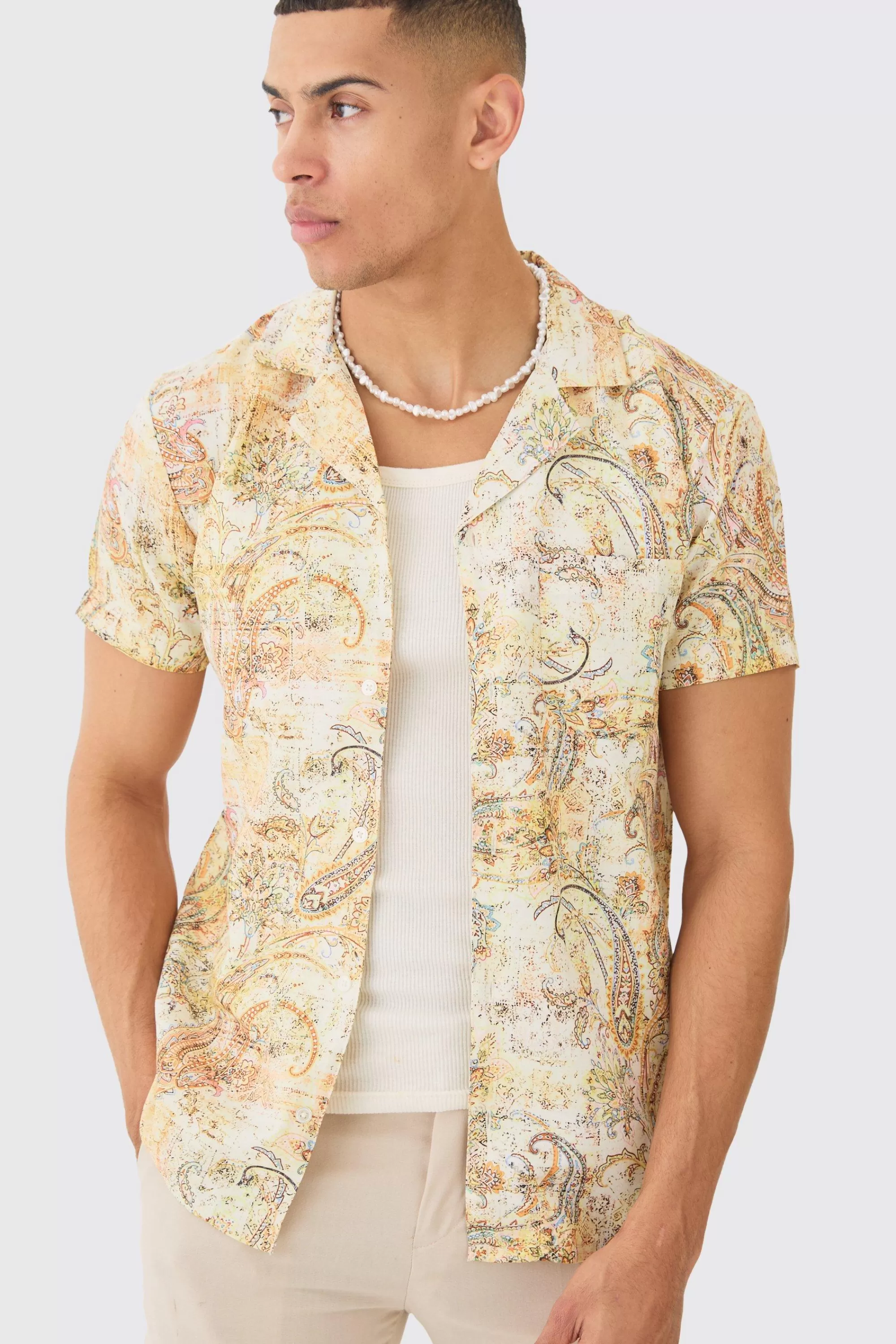 boohooMAN Short Sleeve Revere Linen Look Tapestry Print Shirt | UK