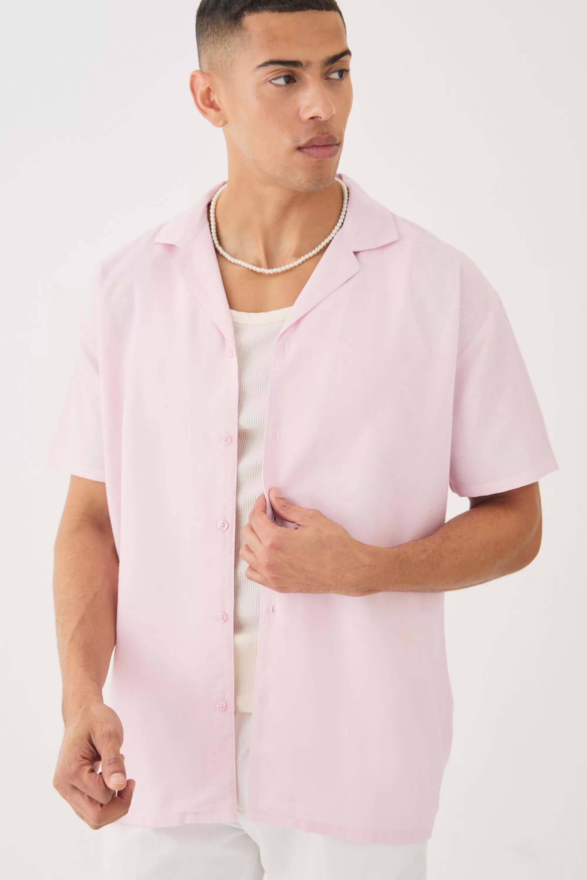 boohooMAN Short Sleeve Revere Oversized Linen Shirt | UK