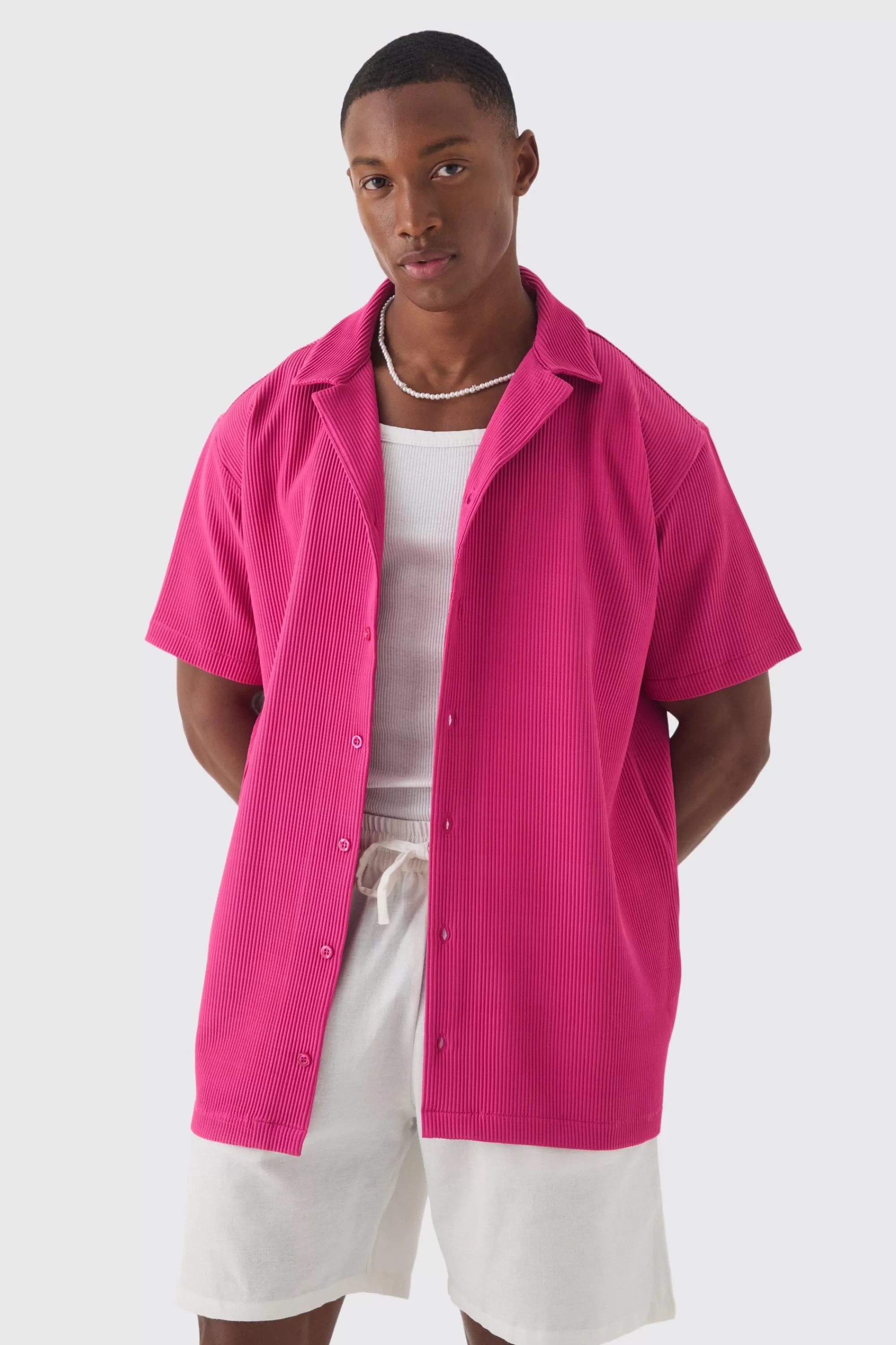 boohooMAN Short Sleeve Revere Oversized Pleated Shirt | UK