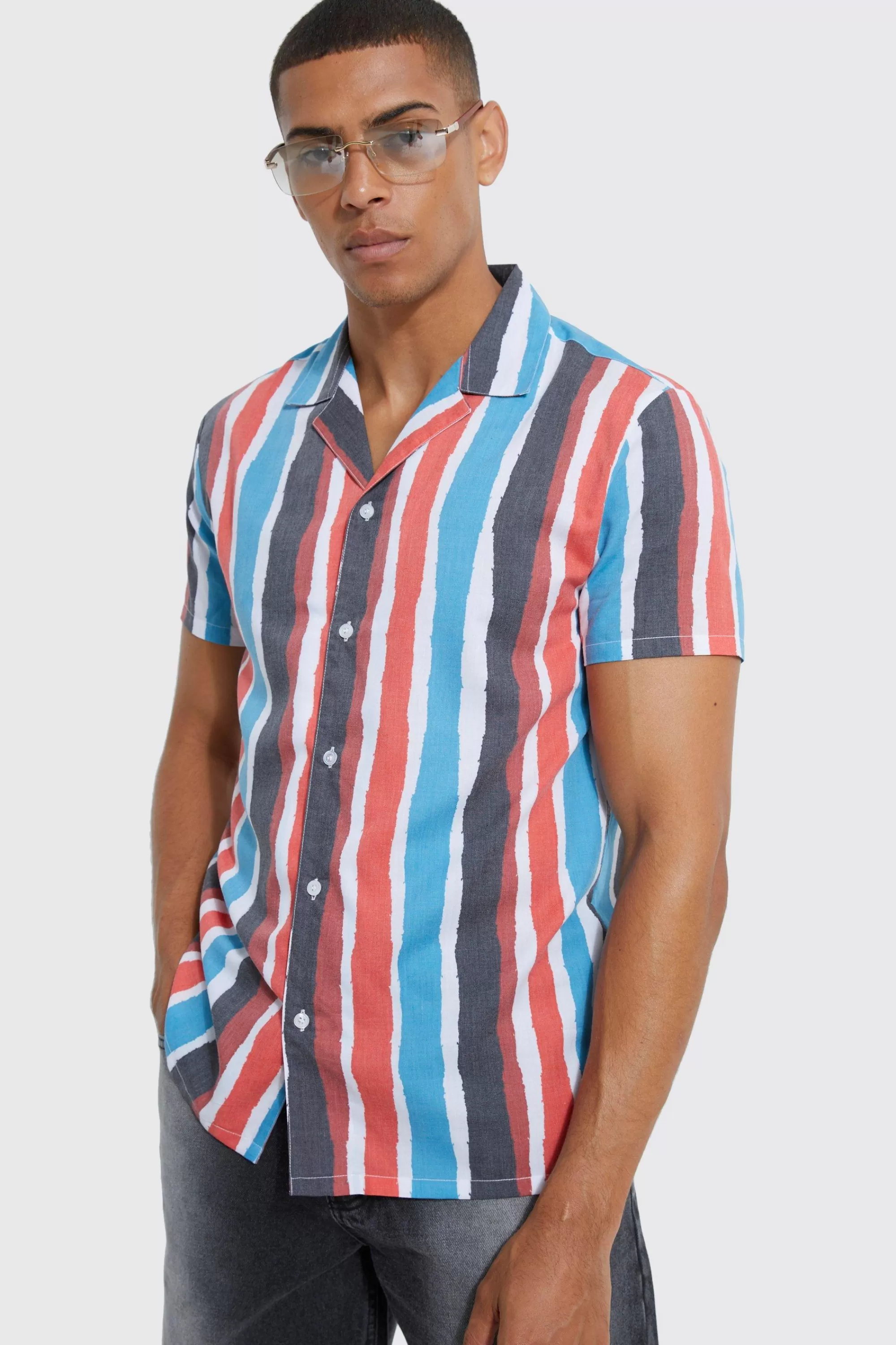 boohooMAN Short Sleeve Revere Stripe Shirt | UK