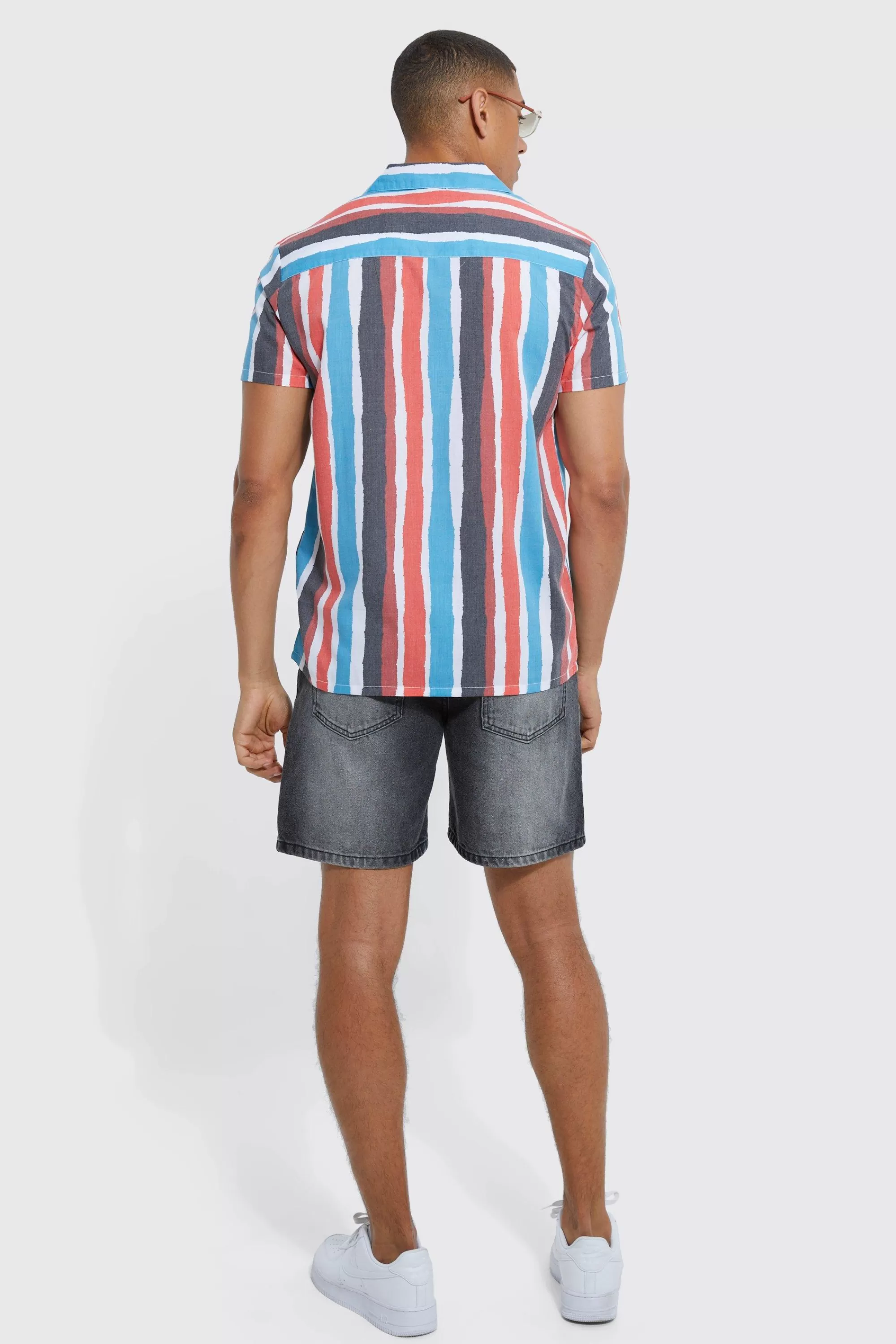 boohooMAN Short Sleeve Revere Stripe Shirt | UK