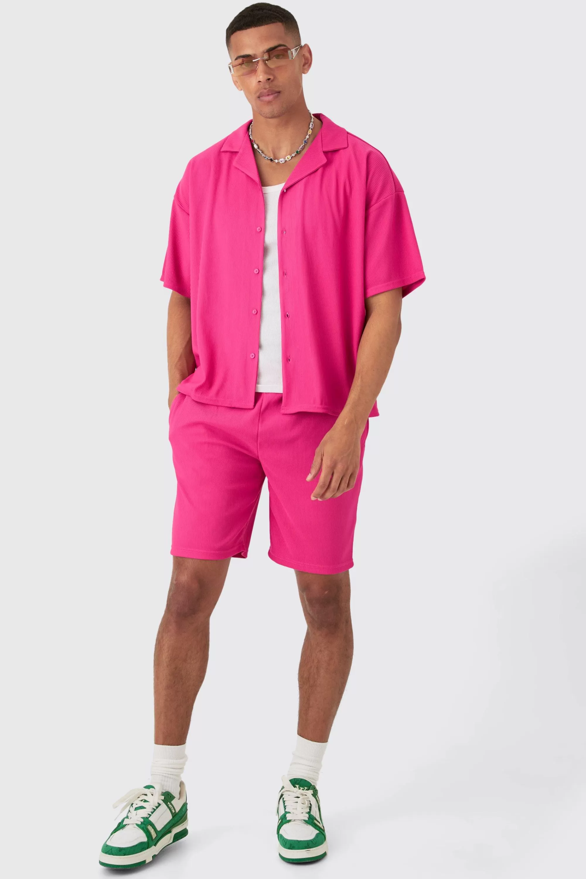 boohooMAN Short Sleeve Ribbed Boxy Shirt & Short Set | UK