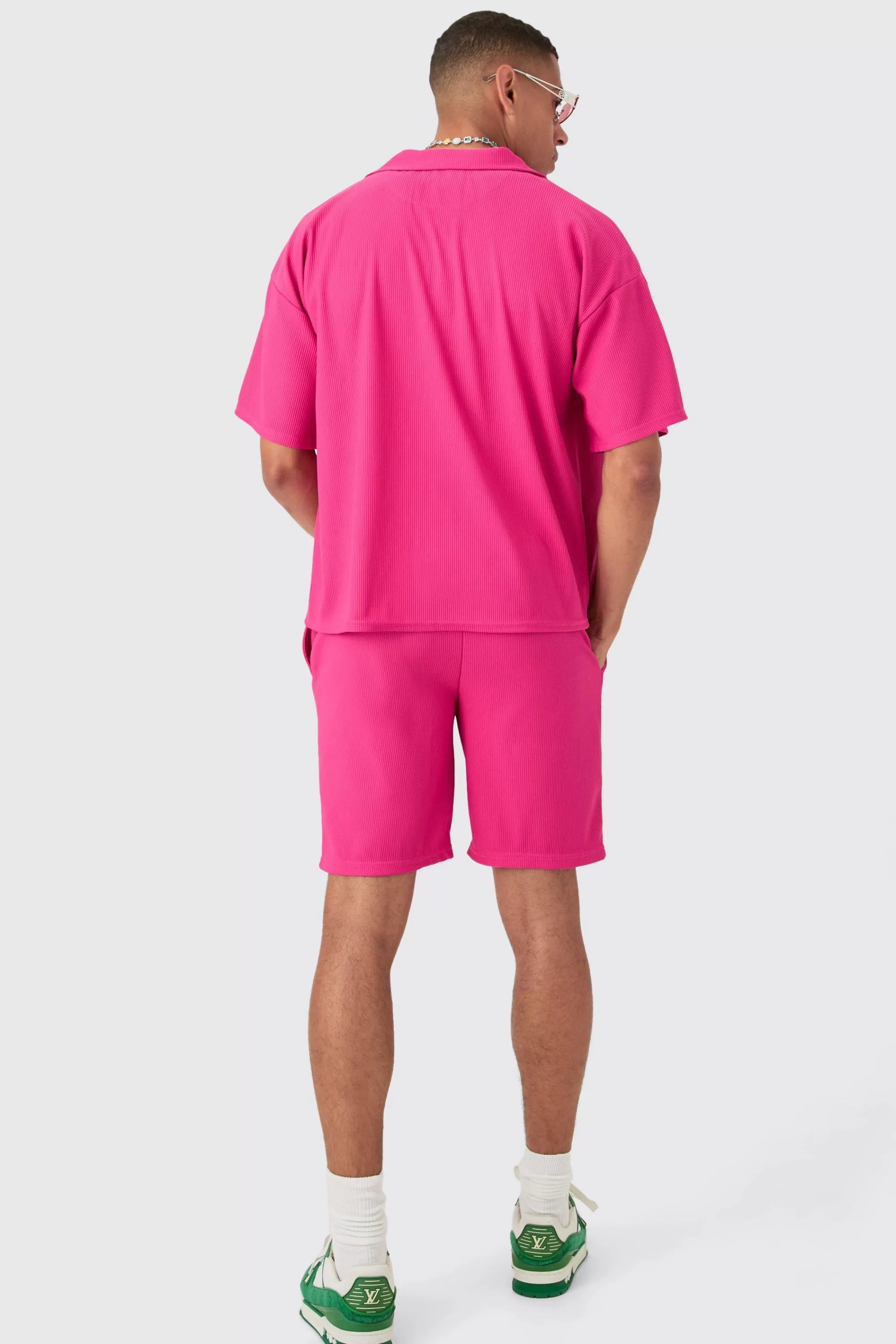 boohooMAN Short Sleeve Ribbed Boxy Shirt & Short Set | UK
