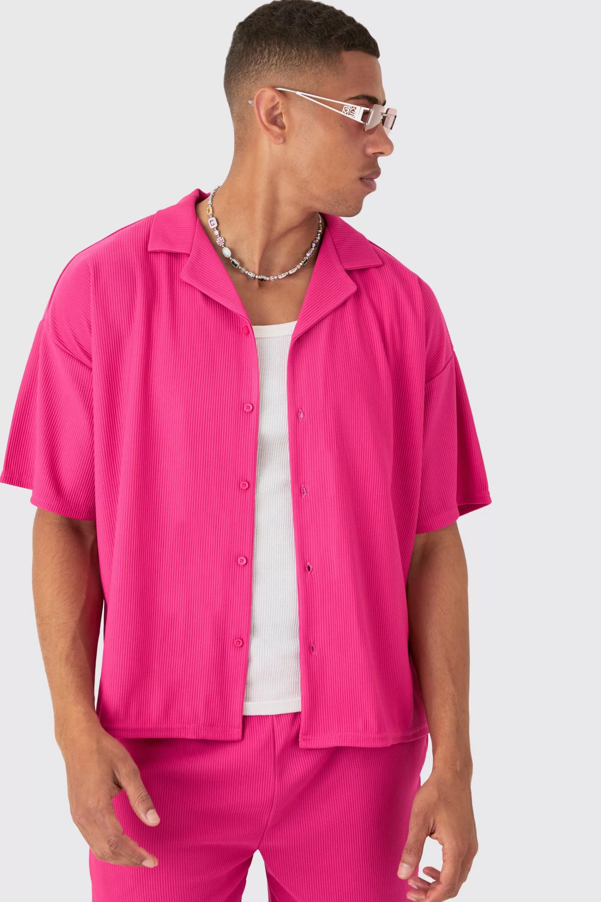 boohooMAN Short Sleeve Ribbed Boxy Shirt & Short Set | UK