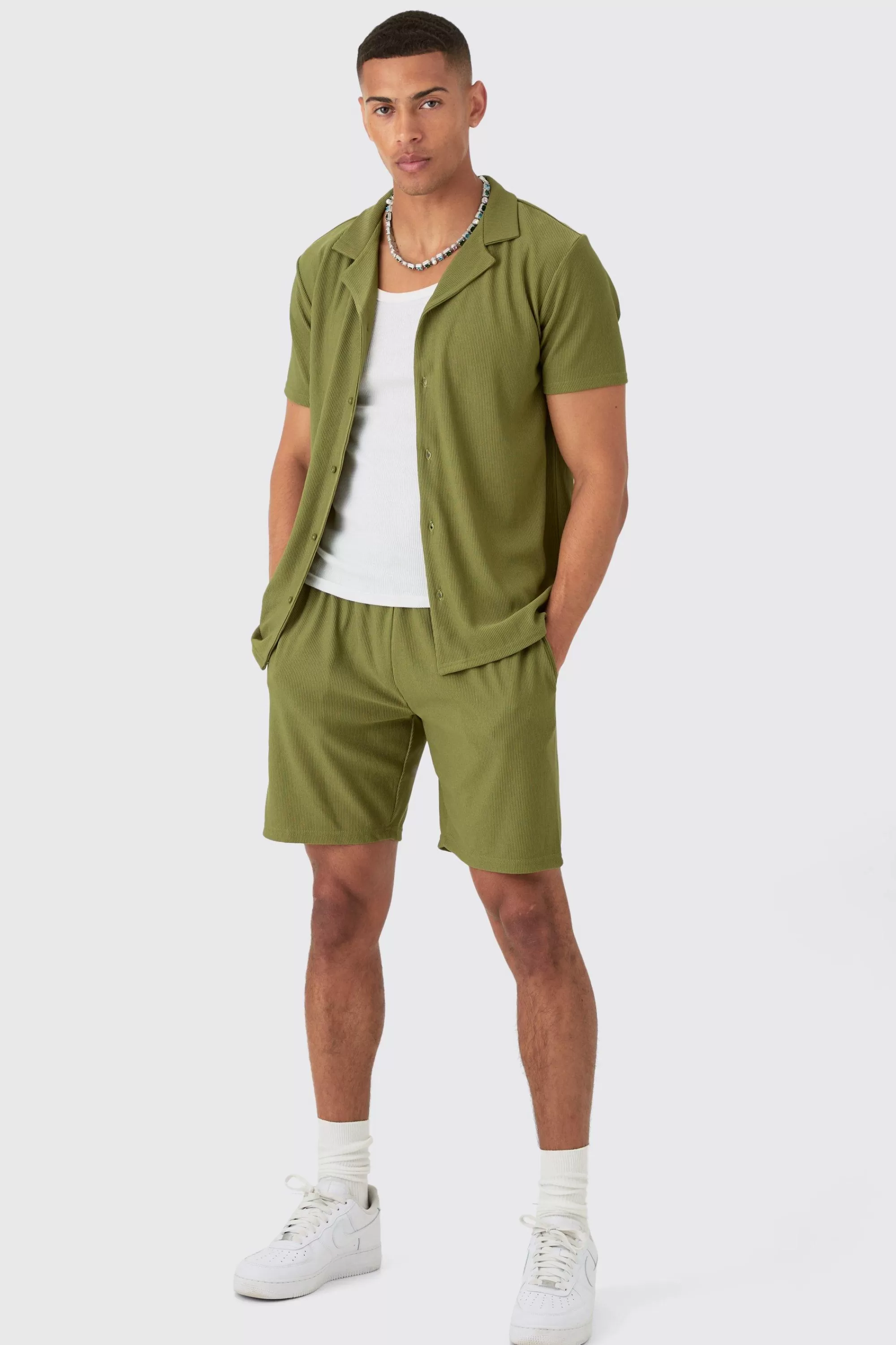 boohooMAN Short Sleeve Ribbed Shirt & Short Set | UK