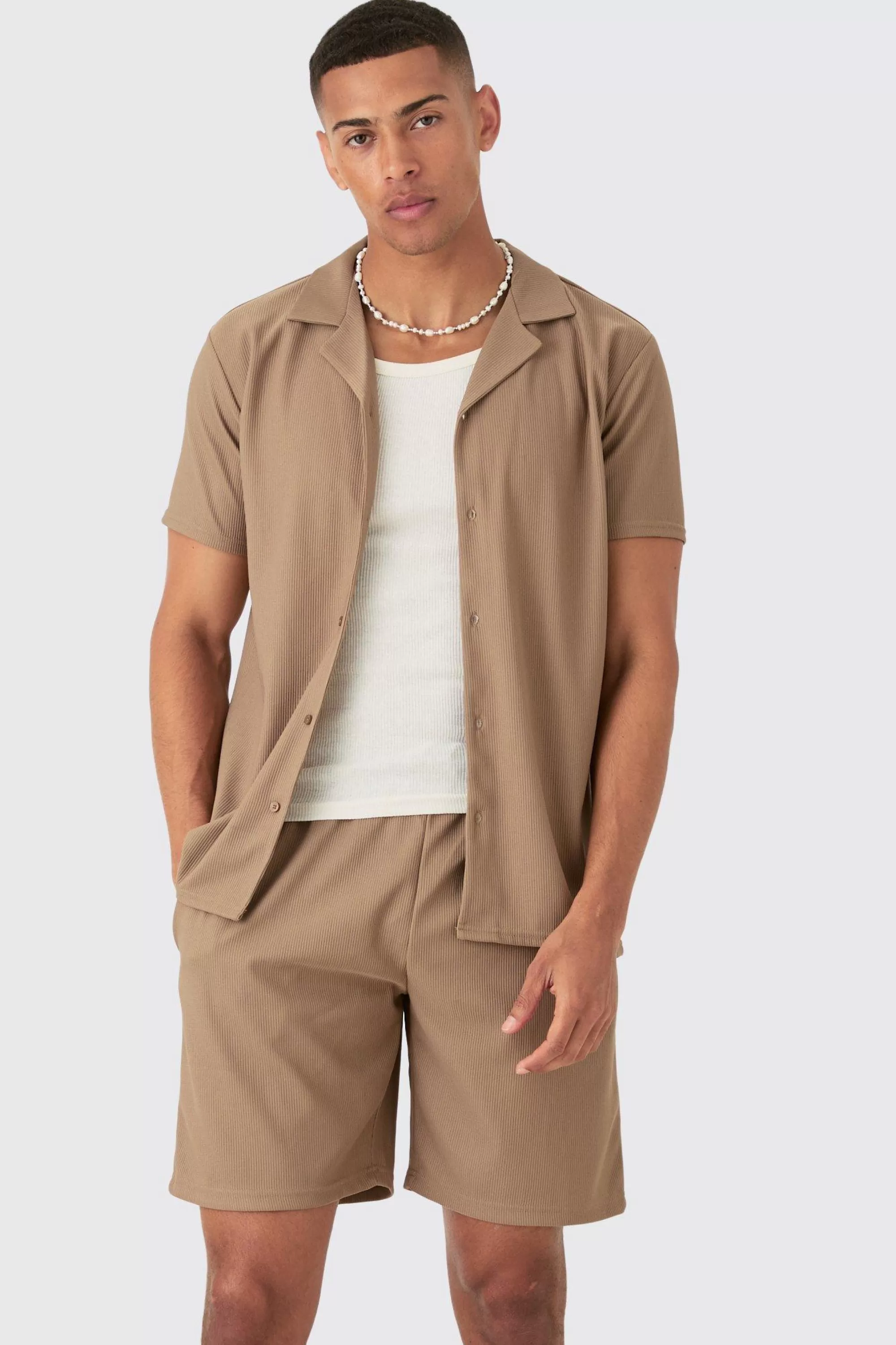 boohooMAN Short Sleeve Ribbed Shirt & Short Set | UK