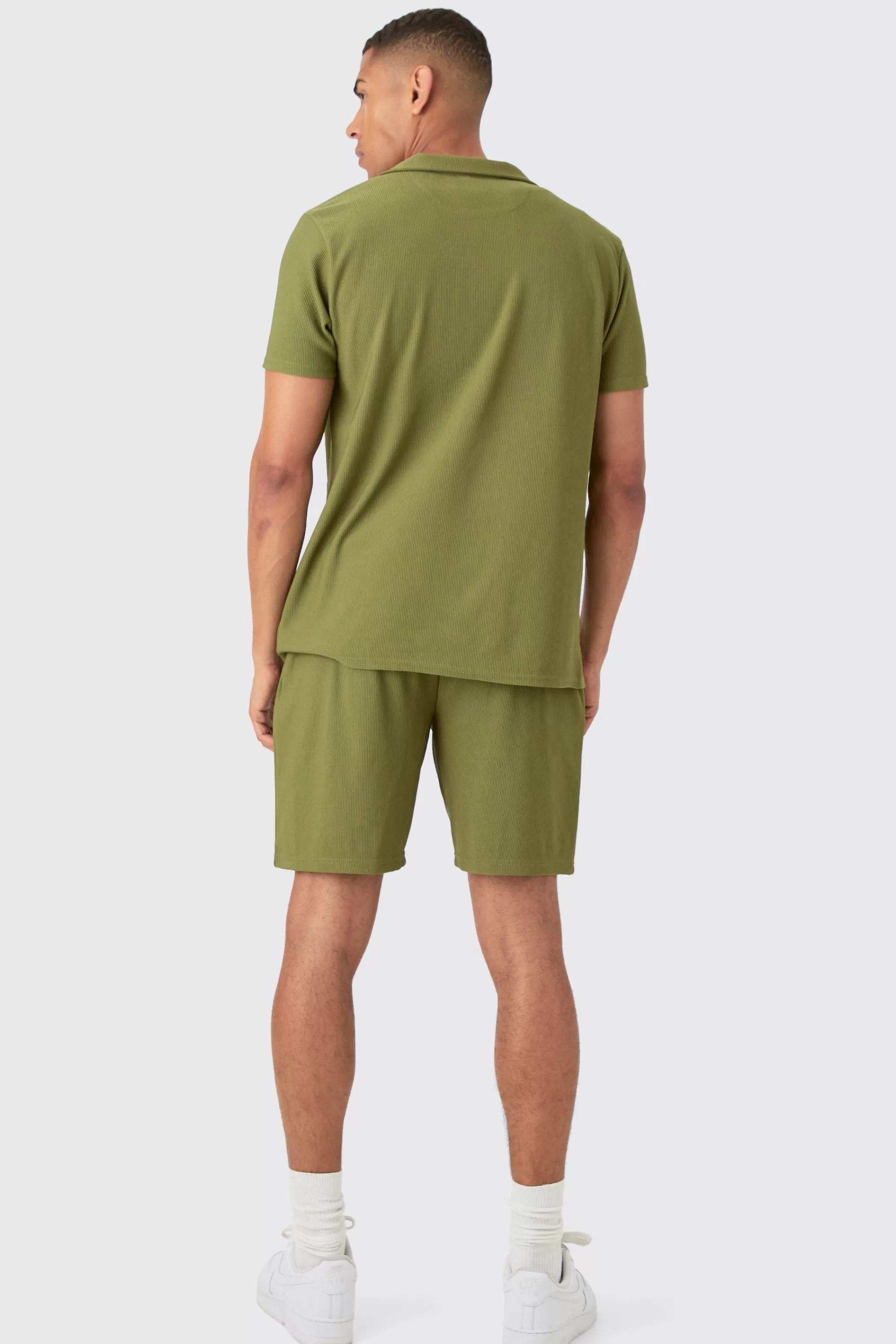 boohooMAN Short Sleeve Ribbed Shirt & Short Set | UK