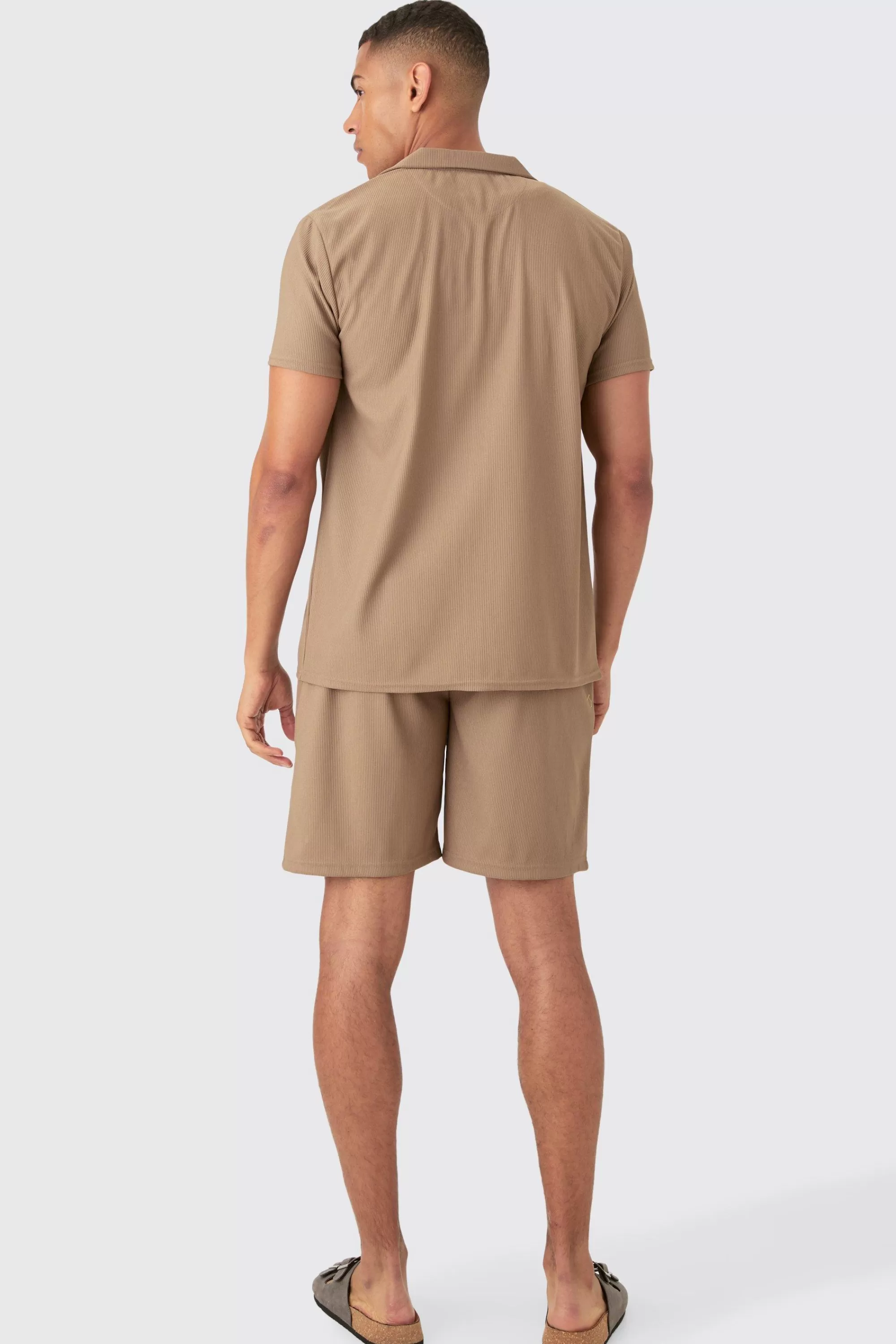 boohooMAN Short Sleeve Ribbed Shirt & Short Set | UK