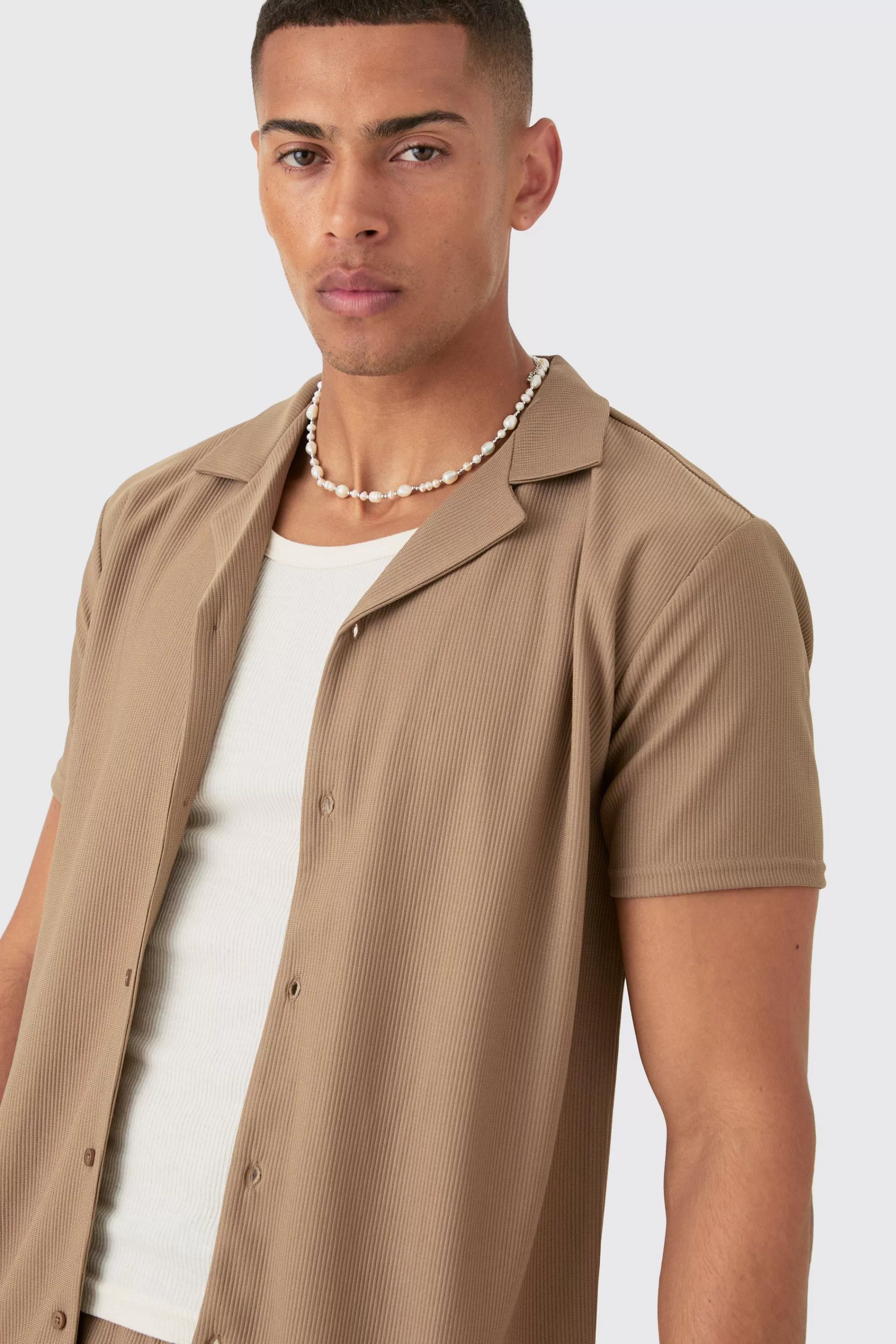 boohooMAN Short Sleeve Ribbed Shirt & Short Set | UK