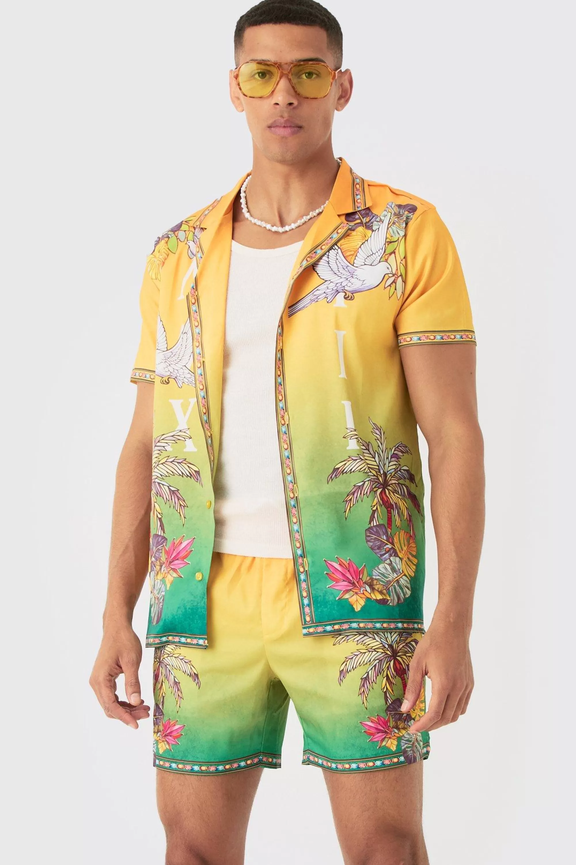 boohooMAN Short Sleeve Satin Ombre Palm Shirt & Short | UK