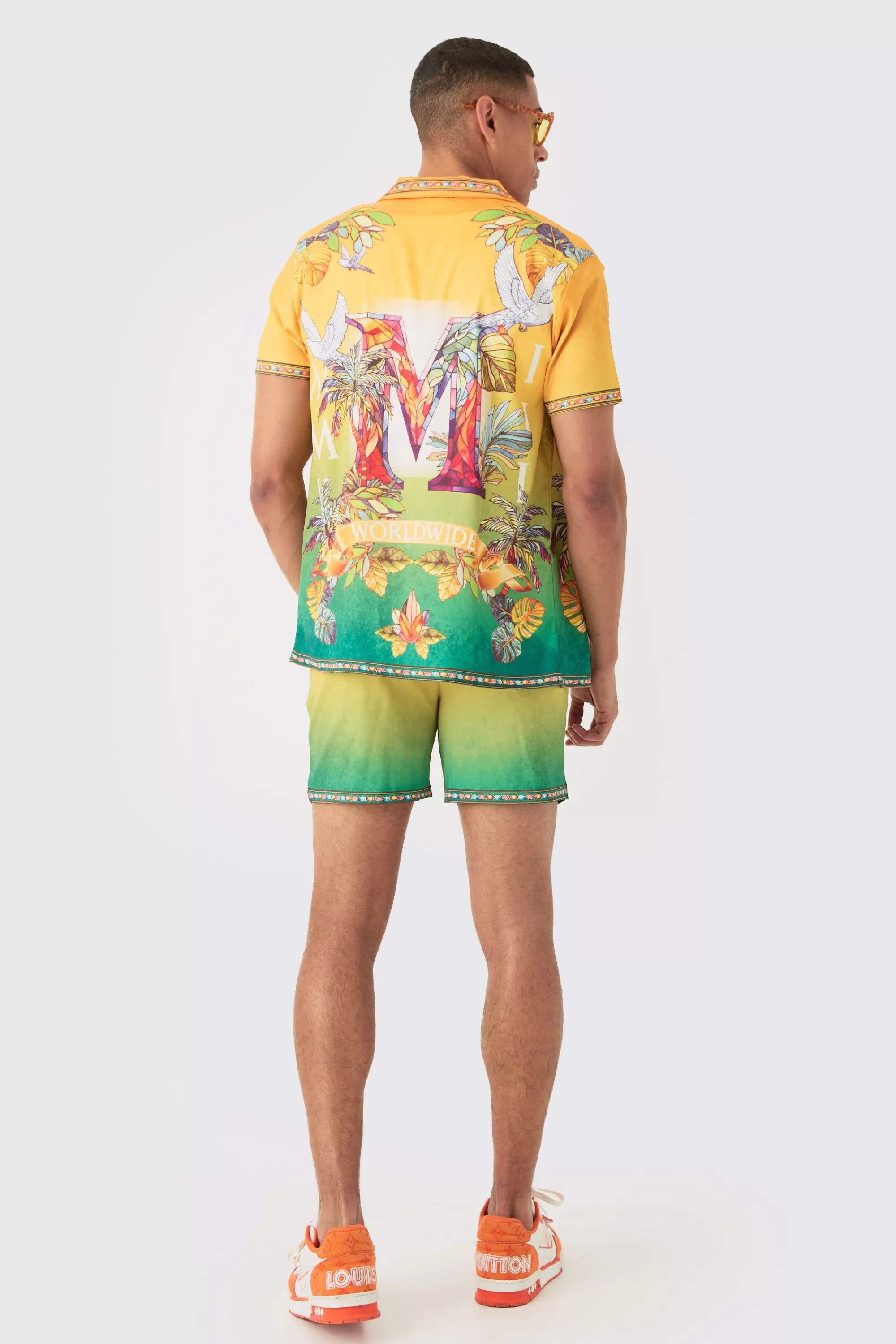 boohooMAN Short Sleeve Satin Ombre Palm Shirt & Short | UK